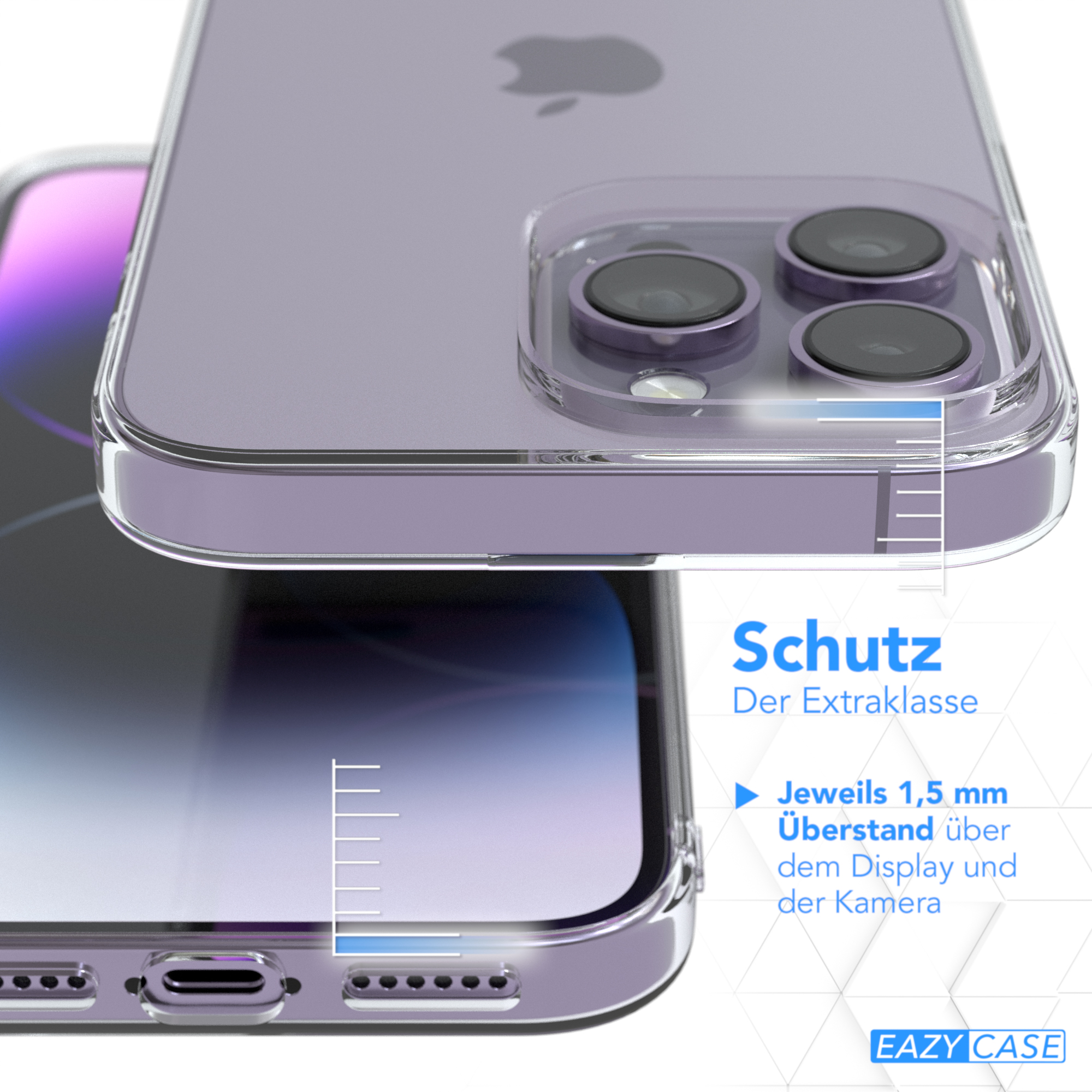 Transparente Handyhülle auf lila Handy. Kameralinsen sind sichtbar.