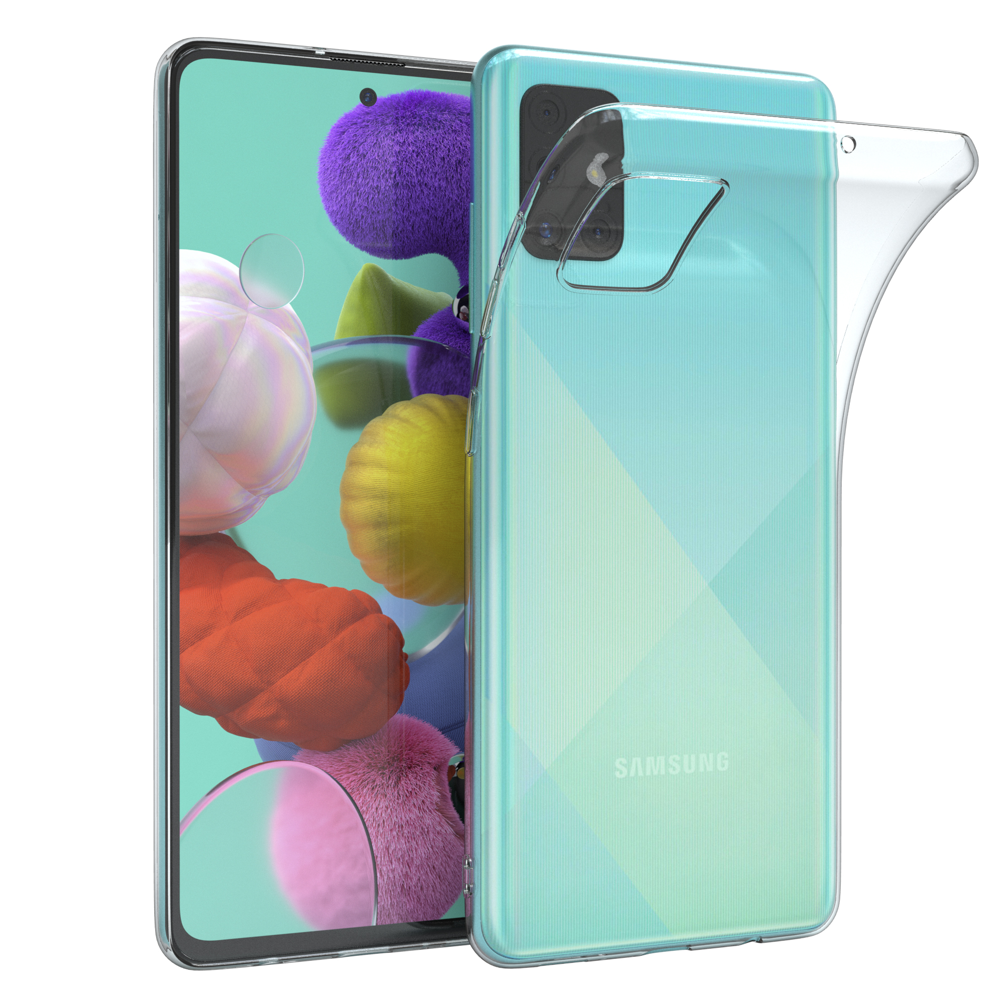 Ein Telefon in einer transparenten Hülle, ein anderes Telefon dahinter, das seine Rückseite zeigt.