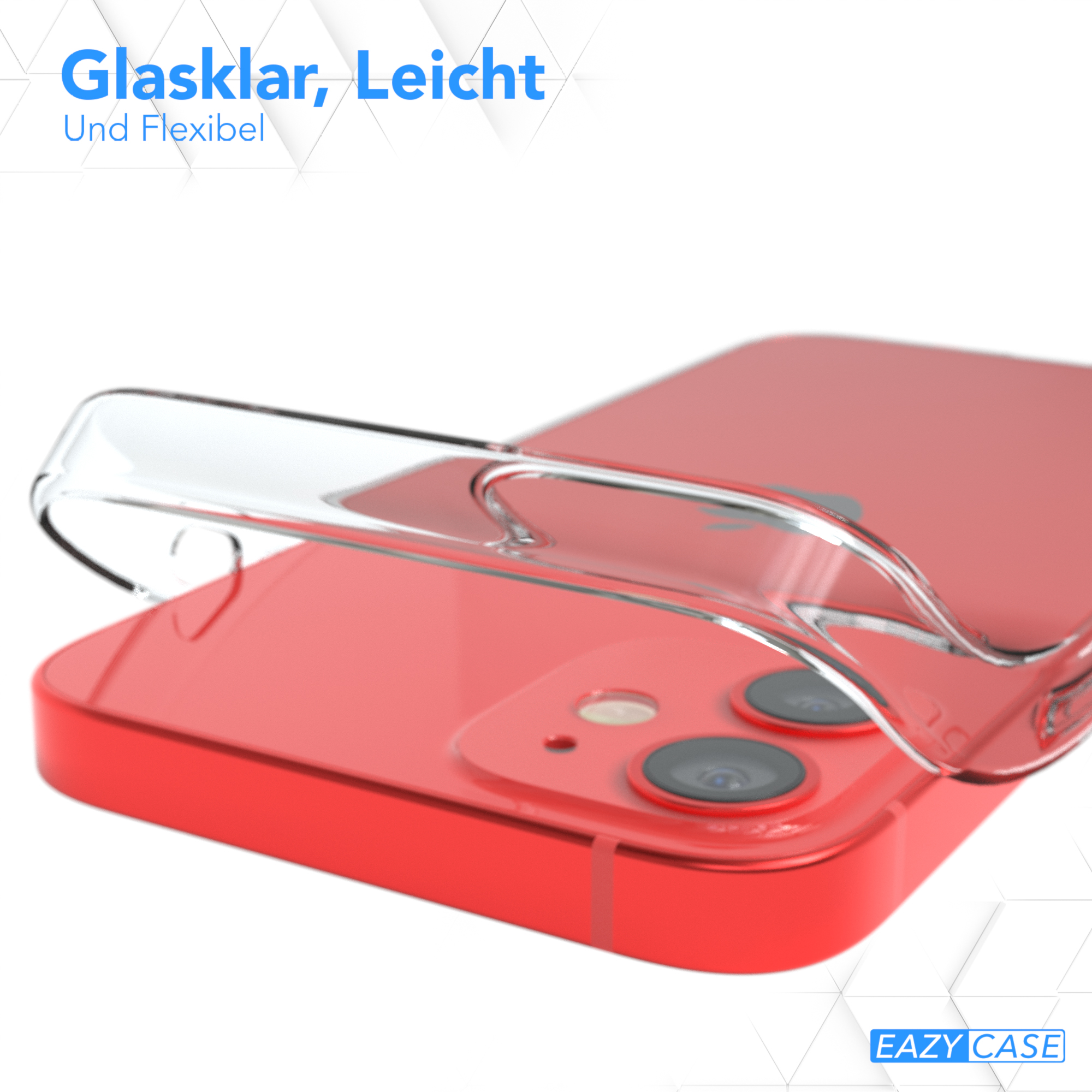 Eine transparente Handyhülle über einem roten Telefon. Der Text oben wirbt für das Produkt mit seinen Funktionen.