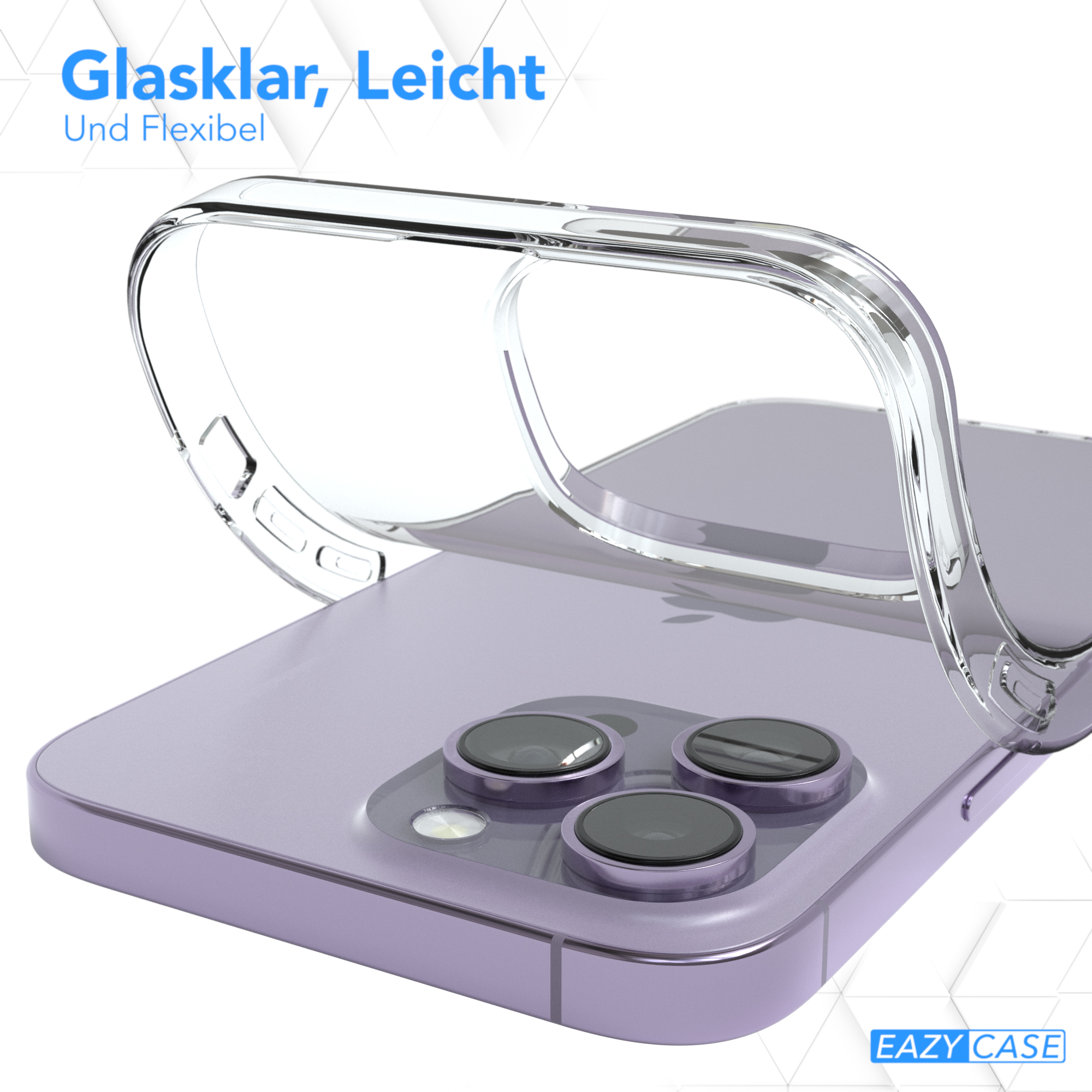Transparente Handyhülle auf lila Telefon. Text oben.