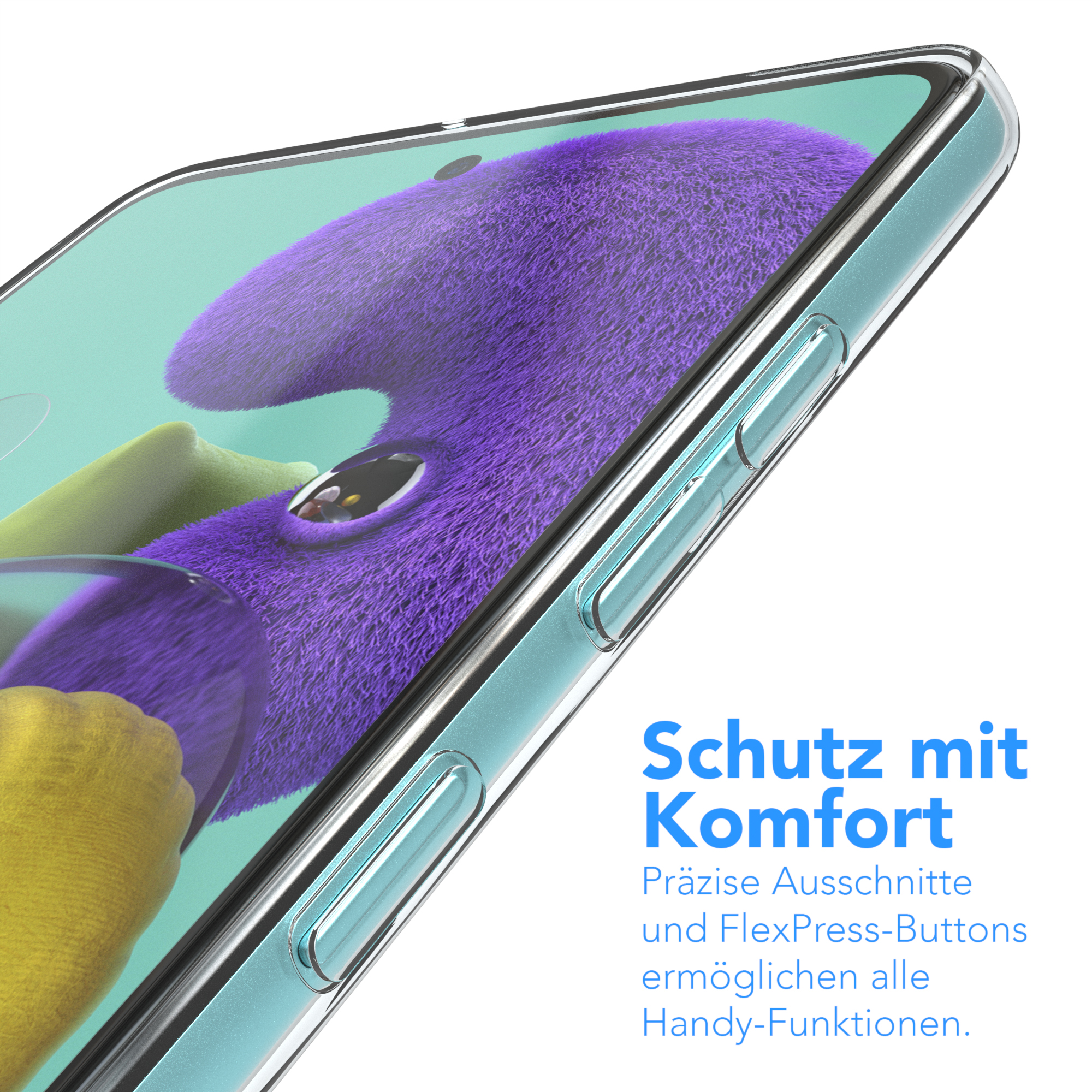 Transparente Handyhülle mit Knöpfen. Lila und gelb auf dem Bildschirm.