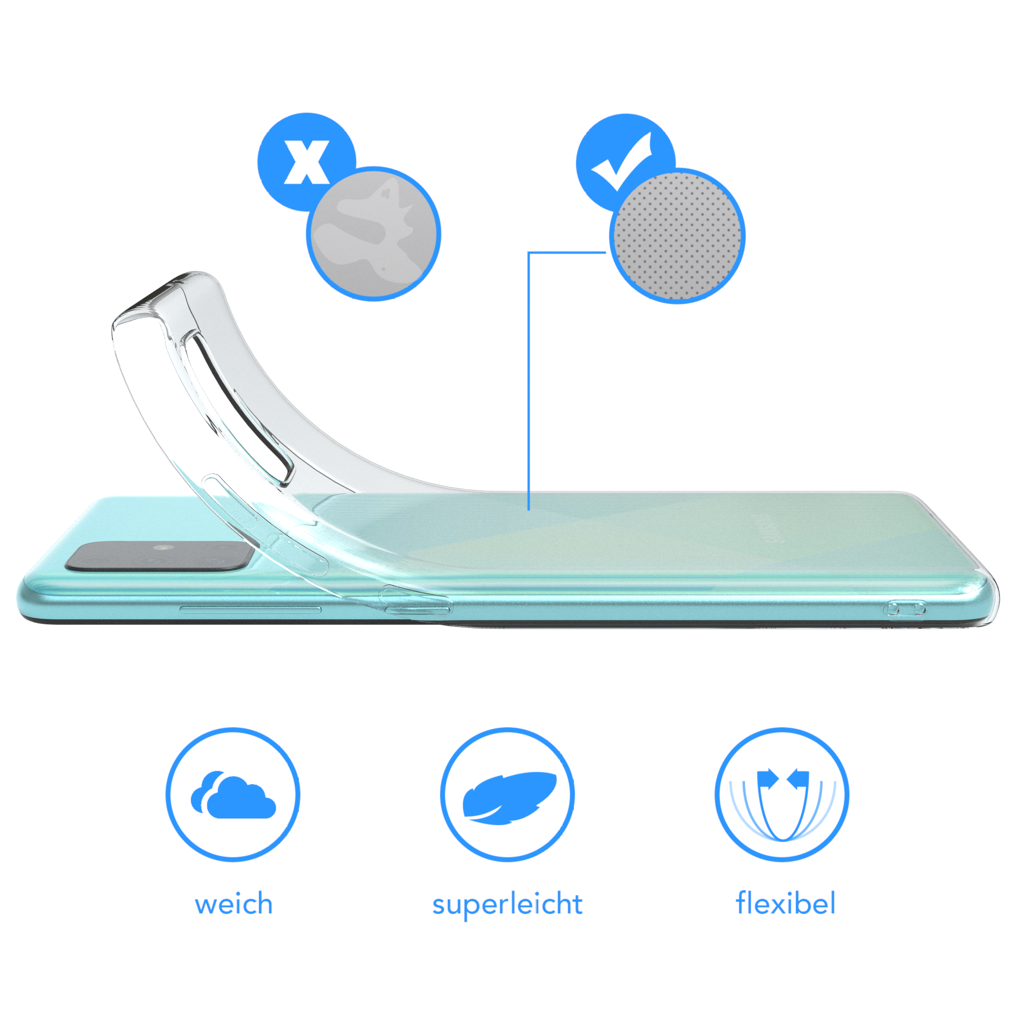 Transparente Handyhülle mit Telefon. Icons für weiches, leichtes und flexibles Design vorhanden.