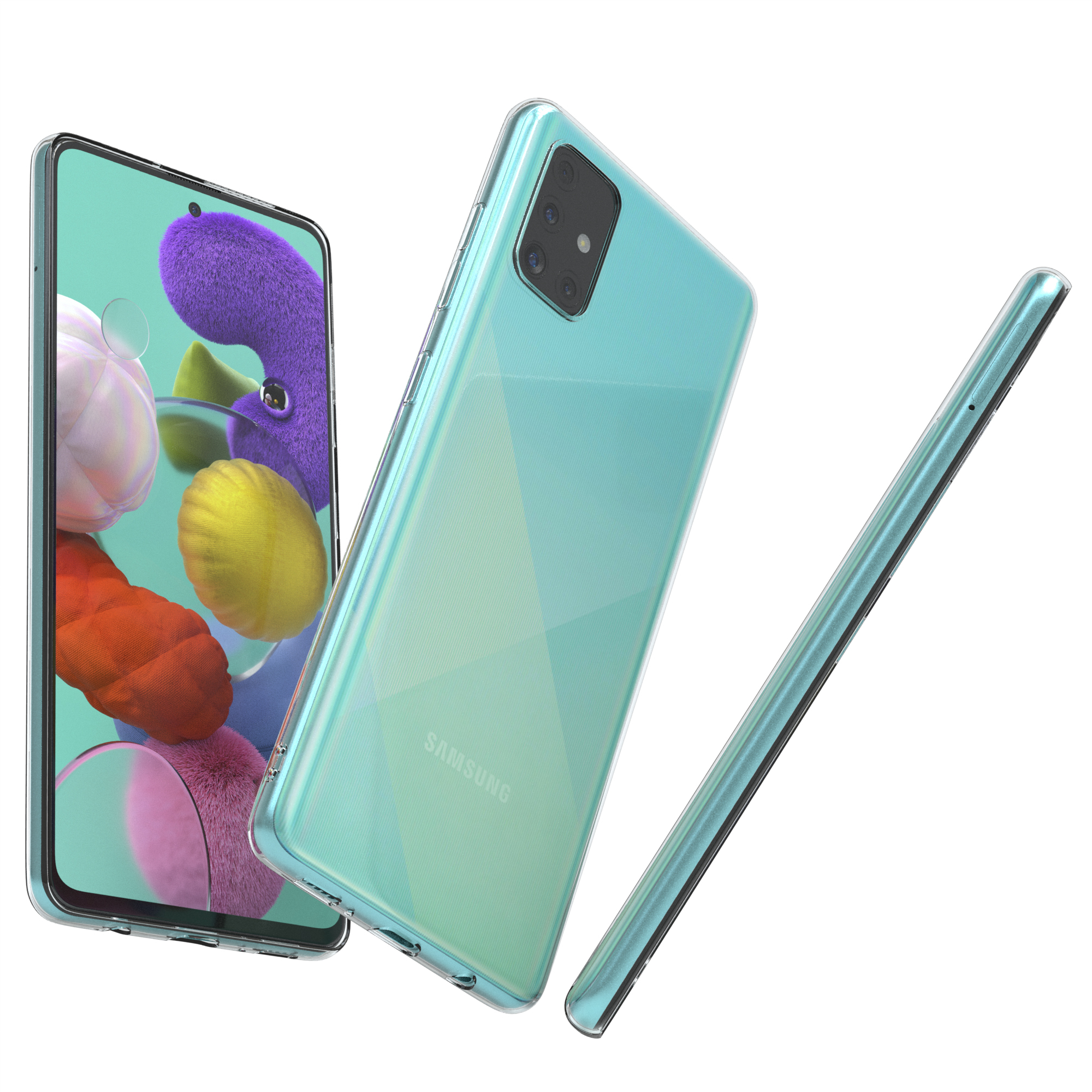 Drei Telefone, zwei mit transparenten Hüllen. Eins ist blau, eins türkis.