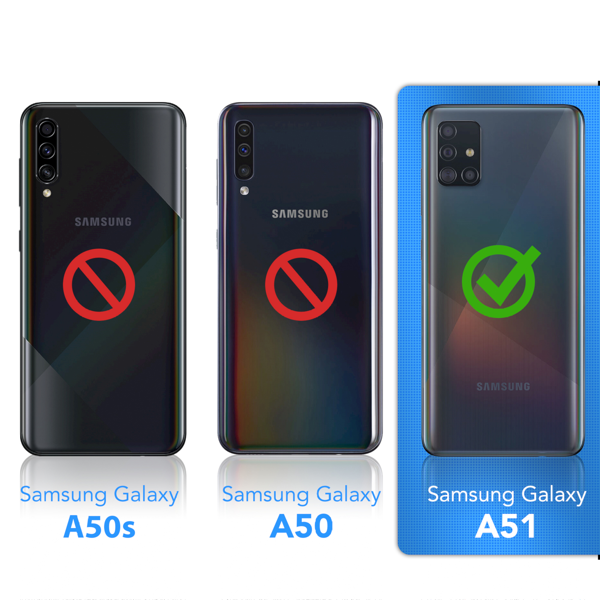 Drei Samsung-Telefone. A50s und A50 sind nicht erlaubt. A51 ist erlaubt.