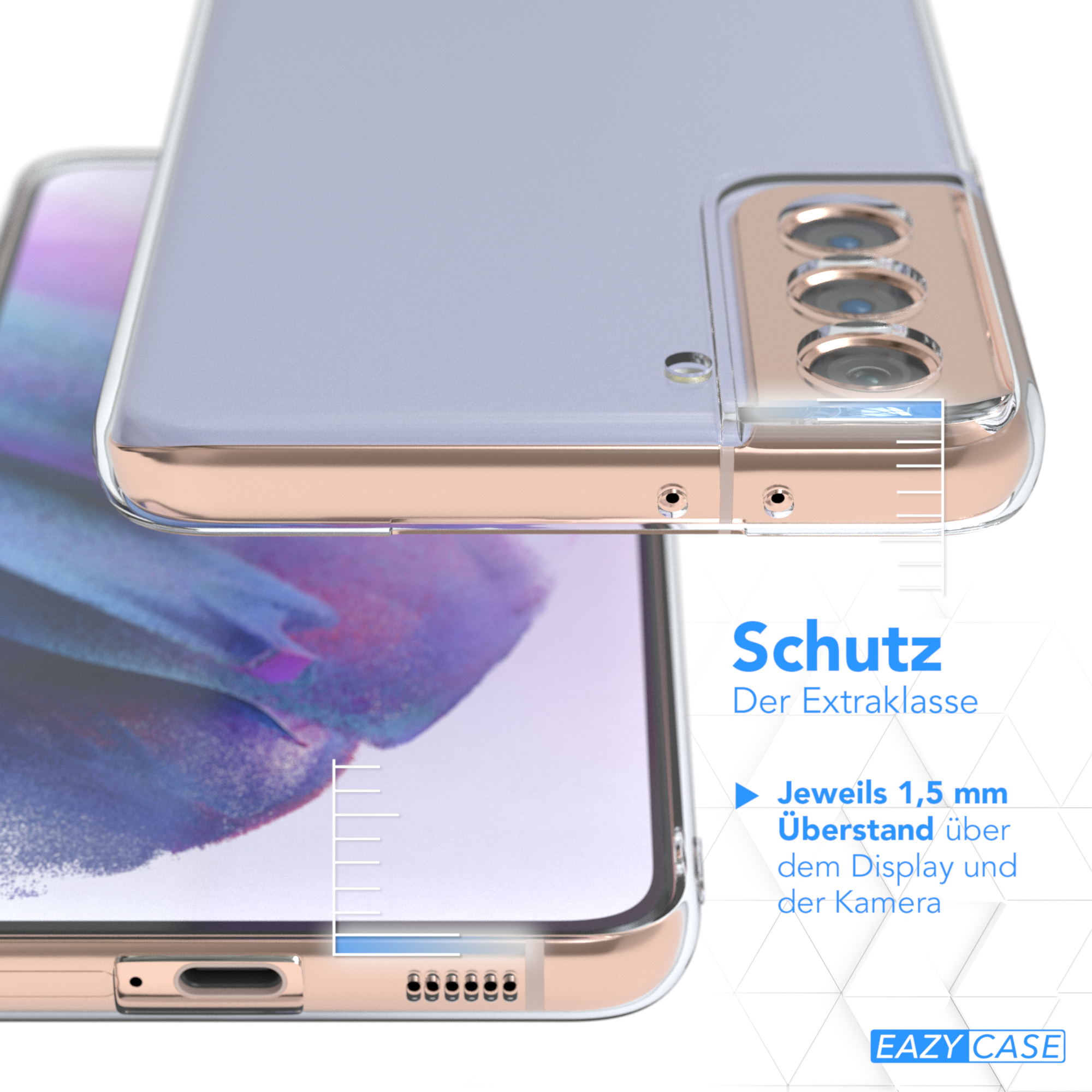 Ein Smartphone in einer transparenten Hülle. Die Hülle hat einen goldenen Rahmen und schützt die Kamera.