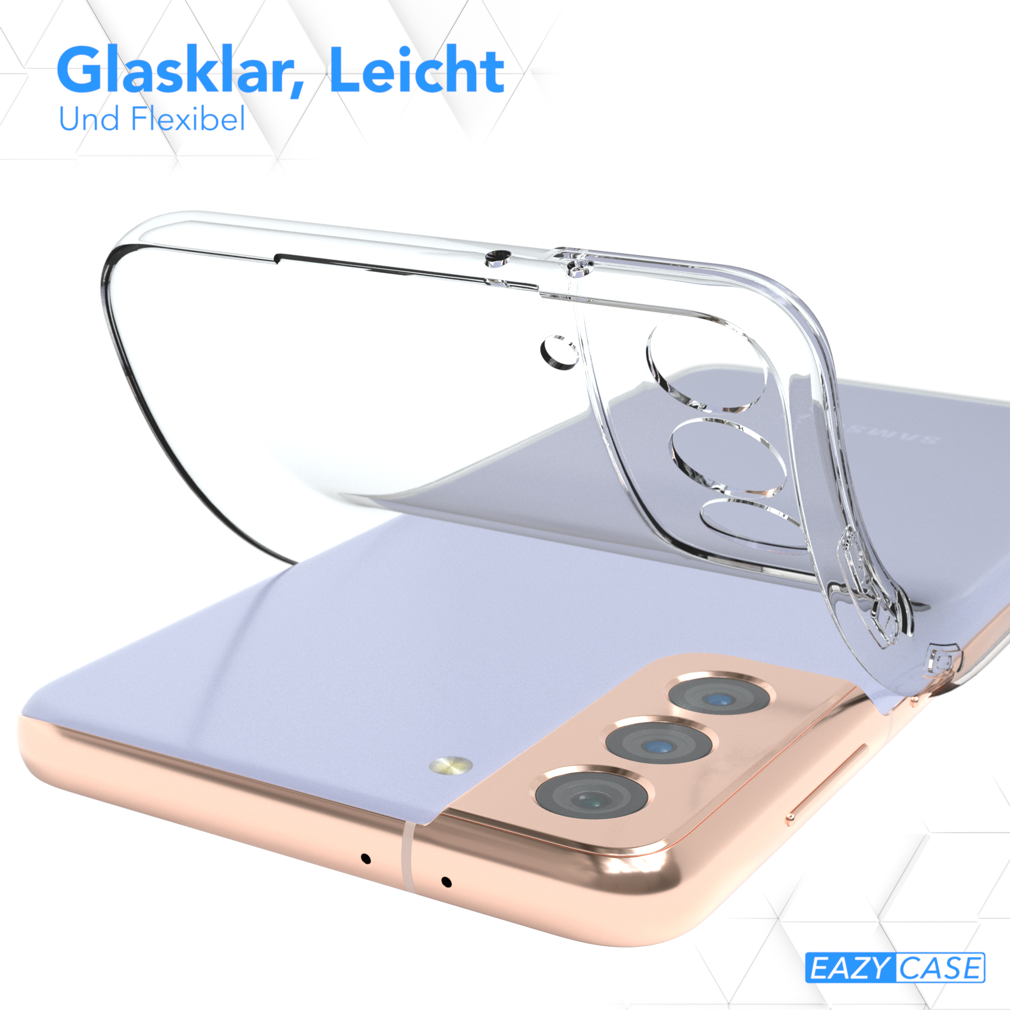 Eine Handyhülle auf einem Telefon, mit Text darüber. Die Hülle ist transparent.