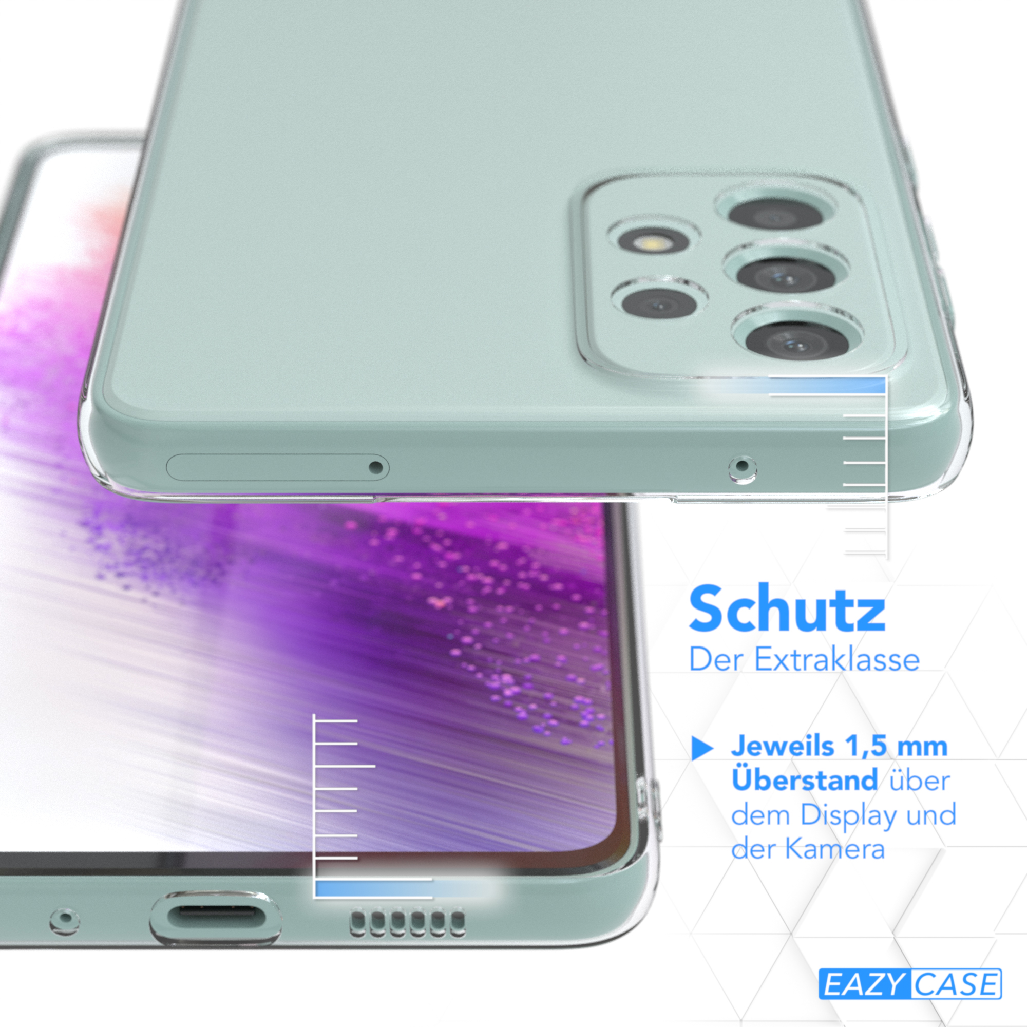 Transparente Handyhülle auf einem rosa Telefon. Die Hülle ist offen und das Telefon ist sichtbar.