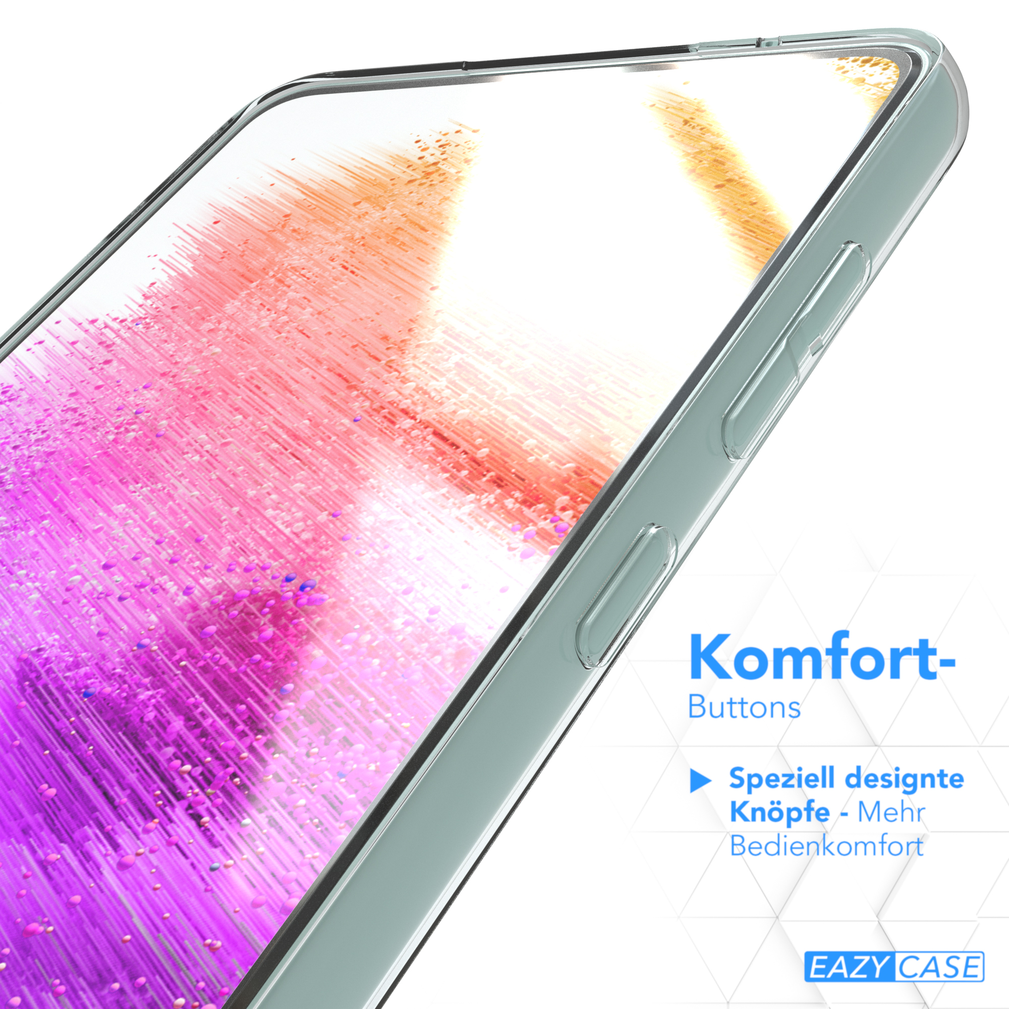 Eine Telefonhülle, meist transparent, mit Schutzrahmen. Text: Komfort-Buttons.