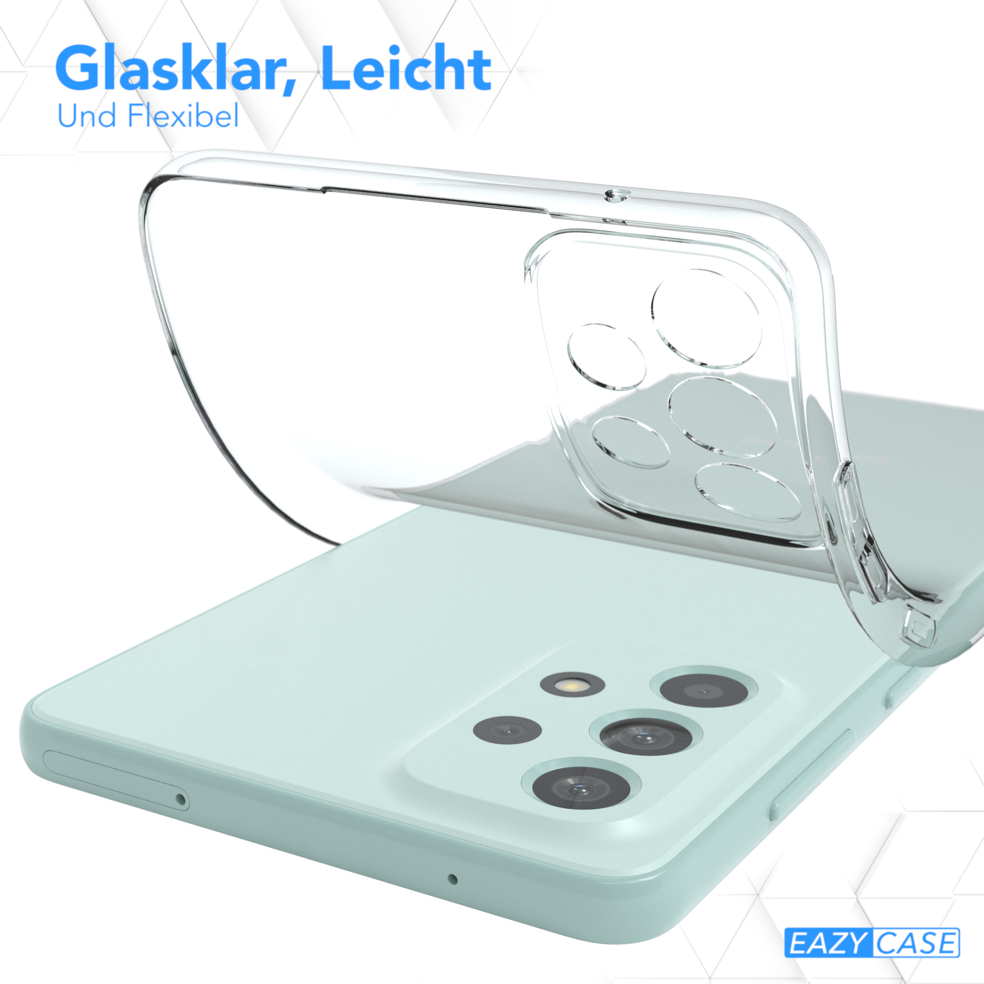 Eine transparente Handyhülle auf einem hellgrünen Telefon. Text 'Glasklar, Leicht Und Flexibel' ist oben.