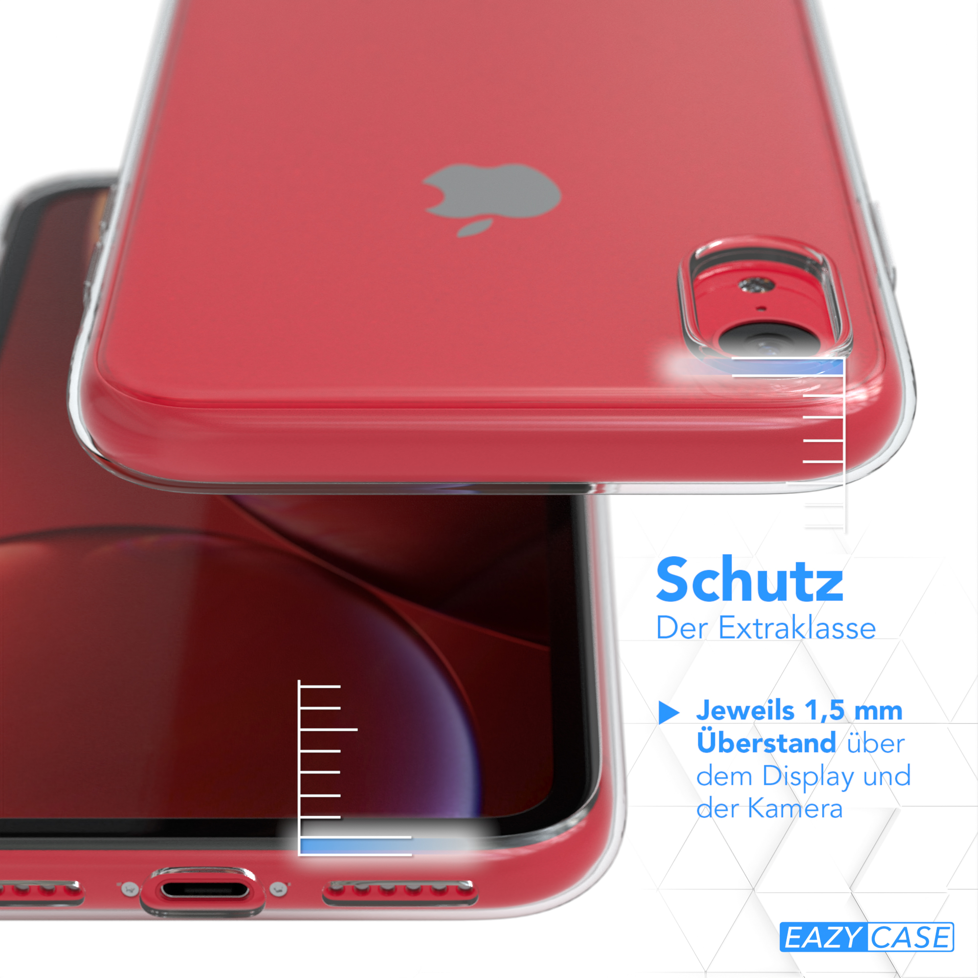 Telefon mit roter Rückseite, transparenter Hülle, zeigt Abstand über Display und Kamera, weiß.