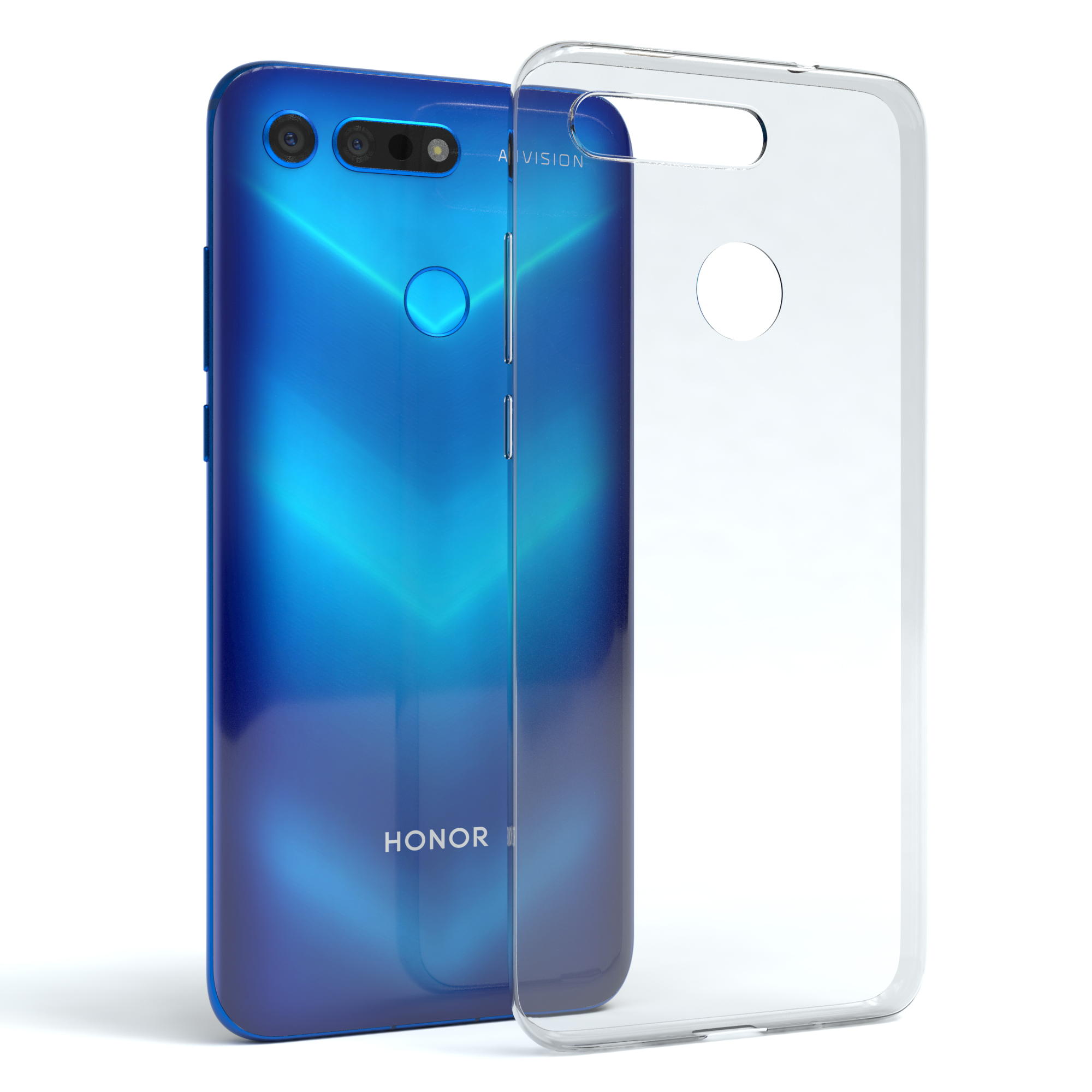Ein blaues Telefon mit einer transparenten Hülle, die Kamera sichtbar.