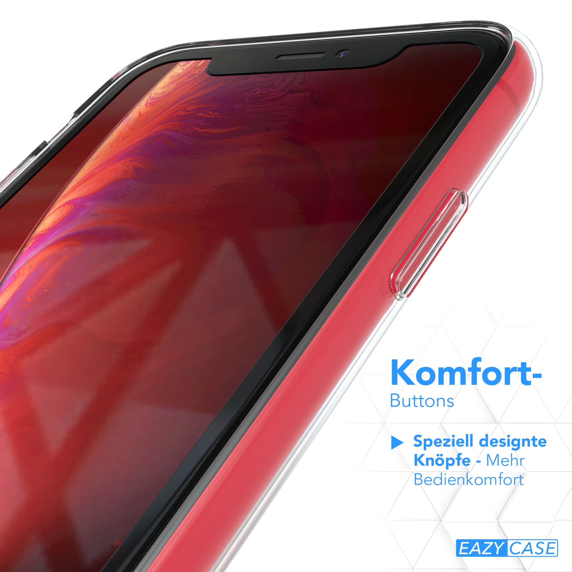 Rote Handyhülle mit Text. Klare Hülle, Text lautet 'Komfort-Buttons'.