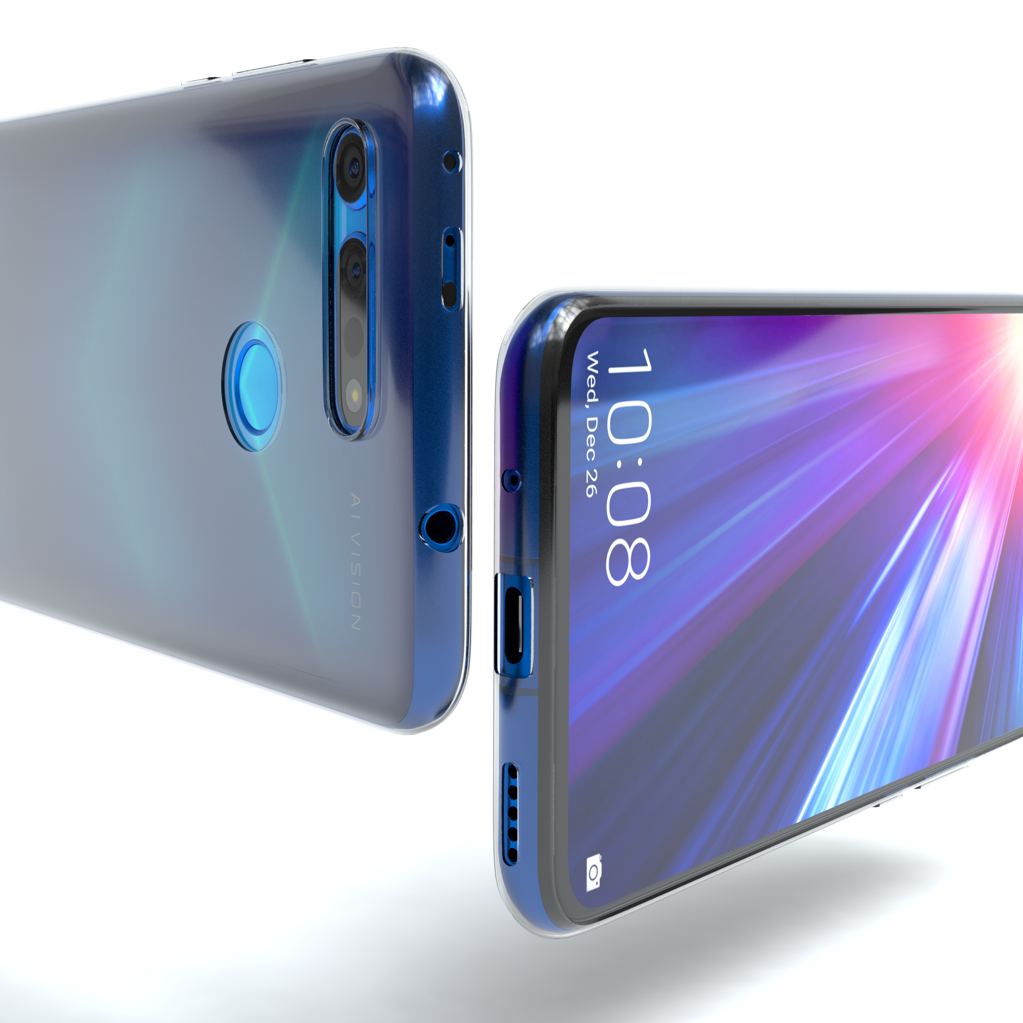 Zwei Telefone, eines vorne und hinten, blaue Hülle.