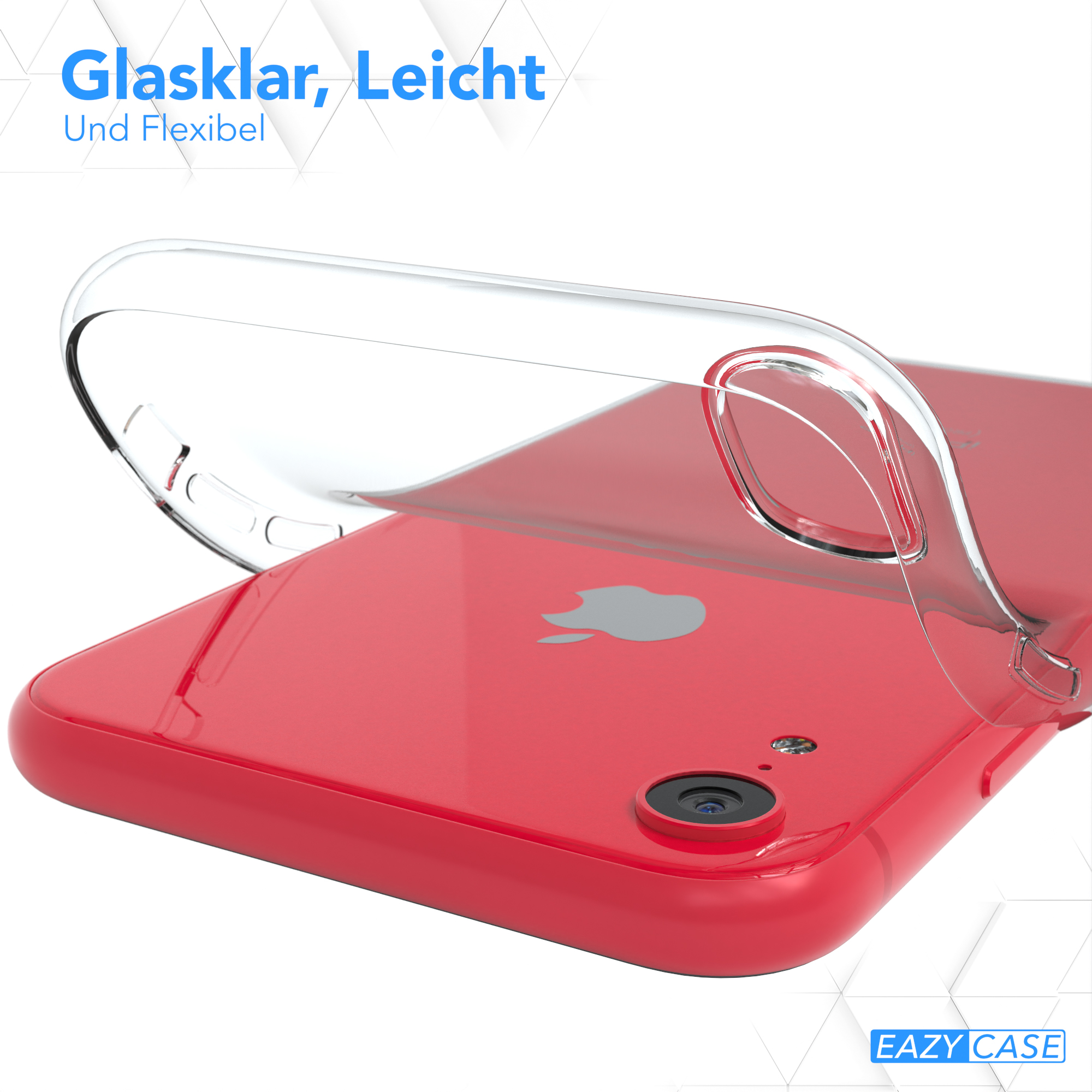 Rotes Telefon in einer transparenten Hülle. Text: Glaslar, Leicht Und Flexibel. Rotes Telefon.