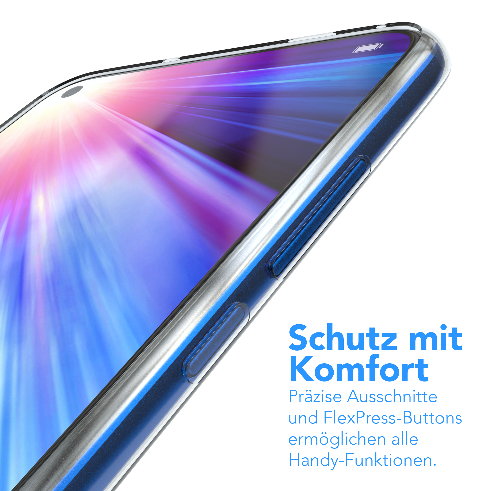 Nahaufnahme einer Handyhülle. Der Text lautet 'Schutz mit Komfort', mit dem Telefon darin.