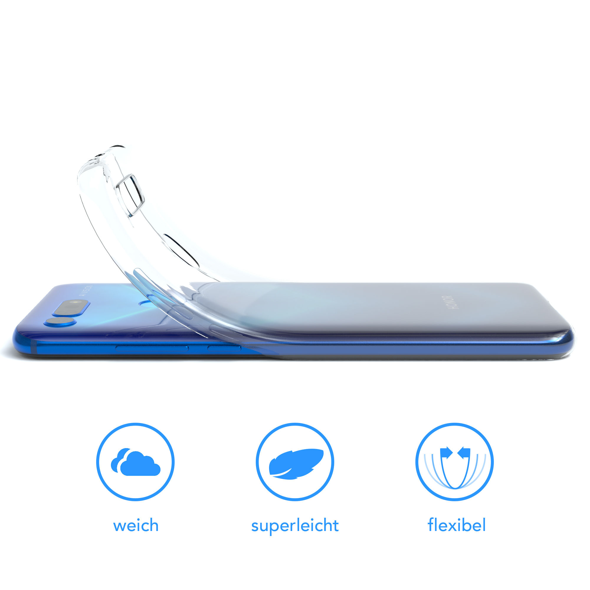 Eine durchsichtige Handyhülle auf einem blauen Telefon, mit Text, der 'weich', 'leicht' und 'flexibel' anzeigt.