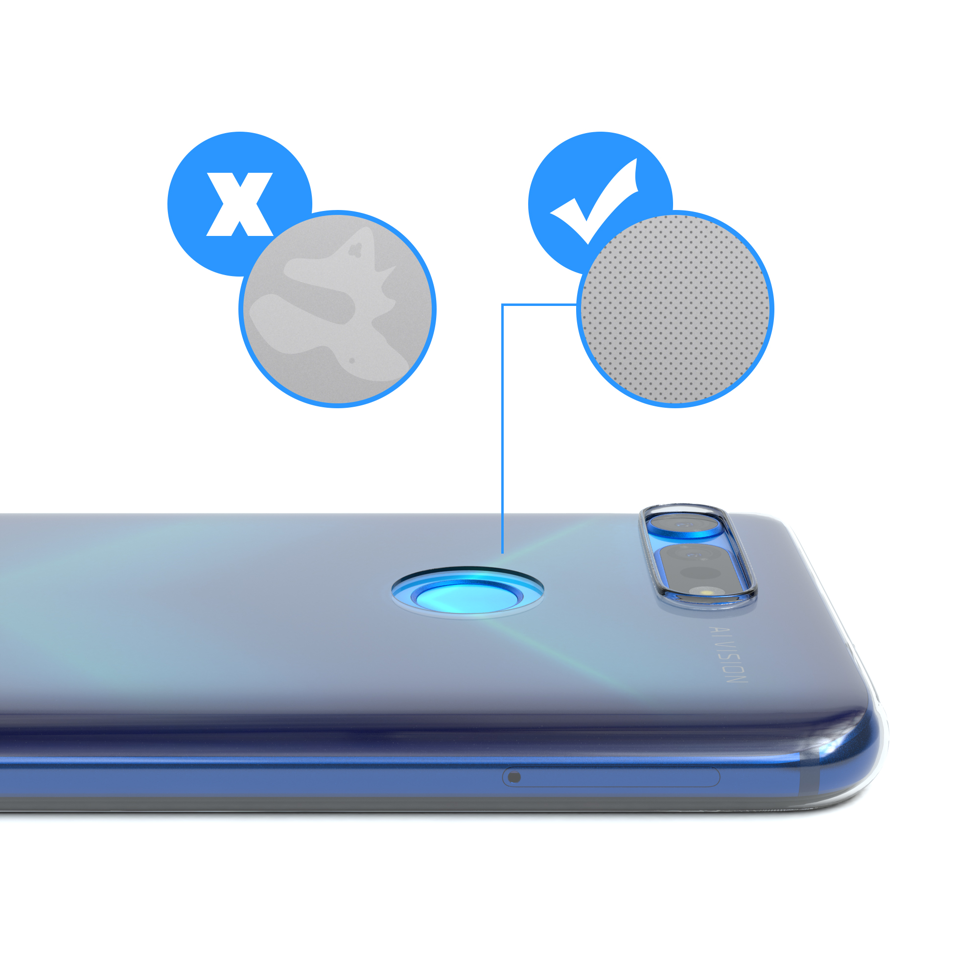 Ein Telefon mit blauem Rücken und Kamera. Zwei Kreise mit Haken und X sind oben.