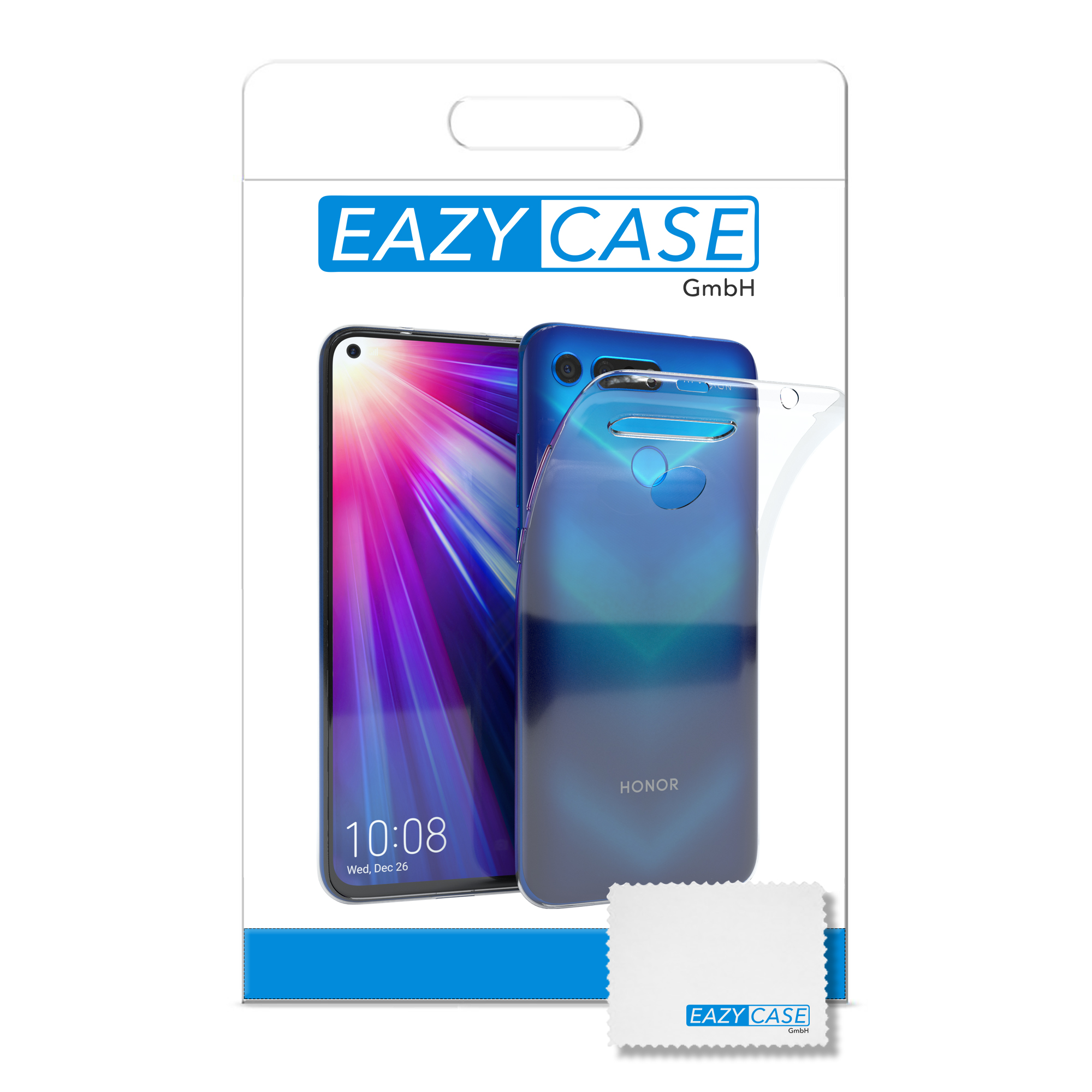 Telefon in einer transparenten Hülle, Paket mit Telefonbild und Text.