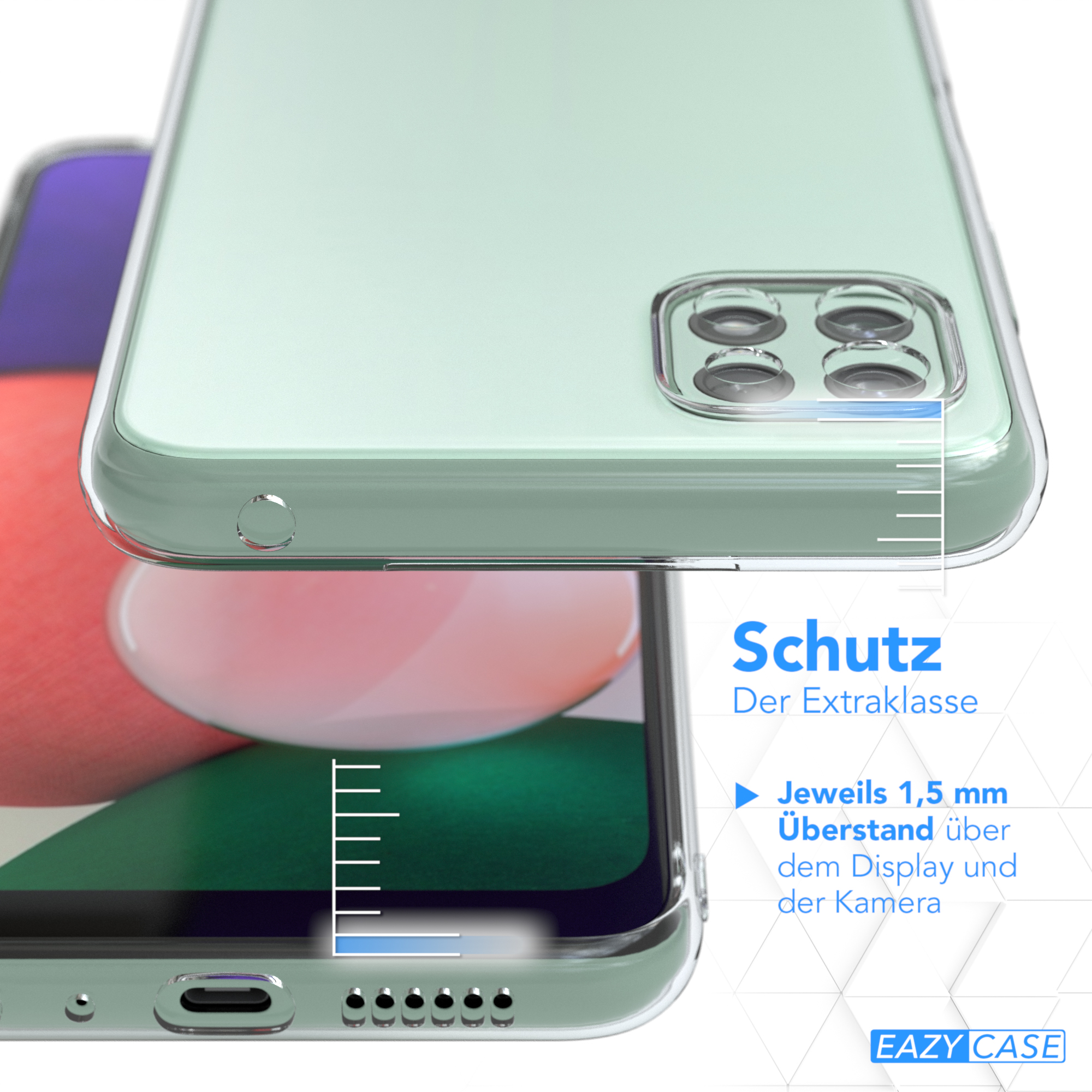 Transparente Handyhülle auf grünem Telefon mit Text und Linien, die Bildschirmschutz anzeigen.