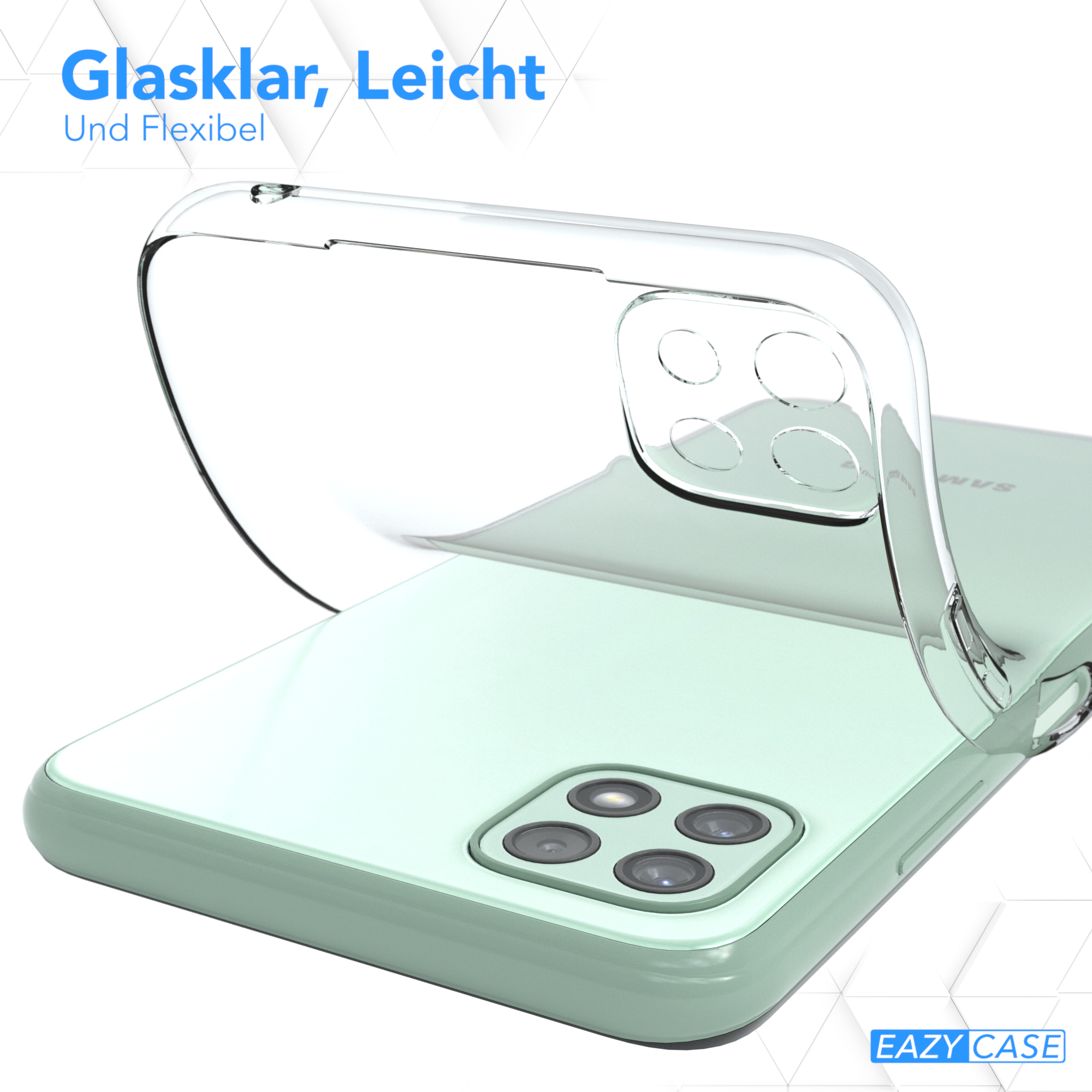 Klare, leichte und flexible Handyhülle auf einem grünen Telefon. Text oben.