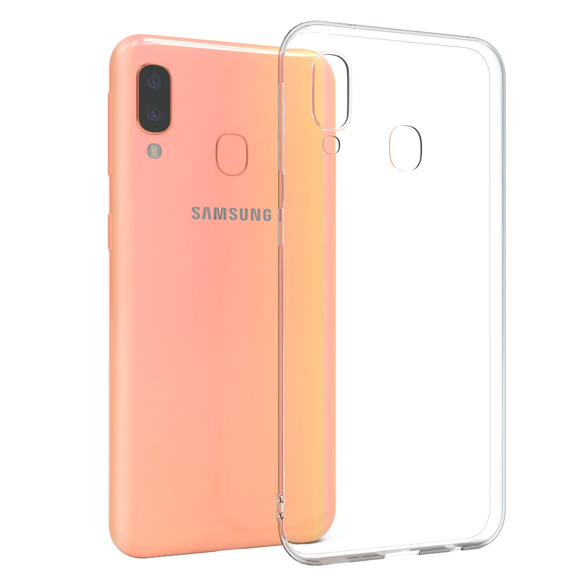 Ein rosa Telefon mit einer durchsichtigen Hülle. Das Telefon ist von der Kamera abgewandt und befindet sich in einem Studio.