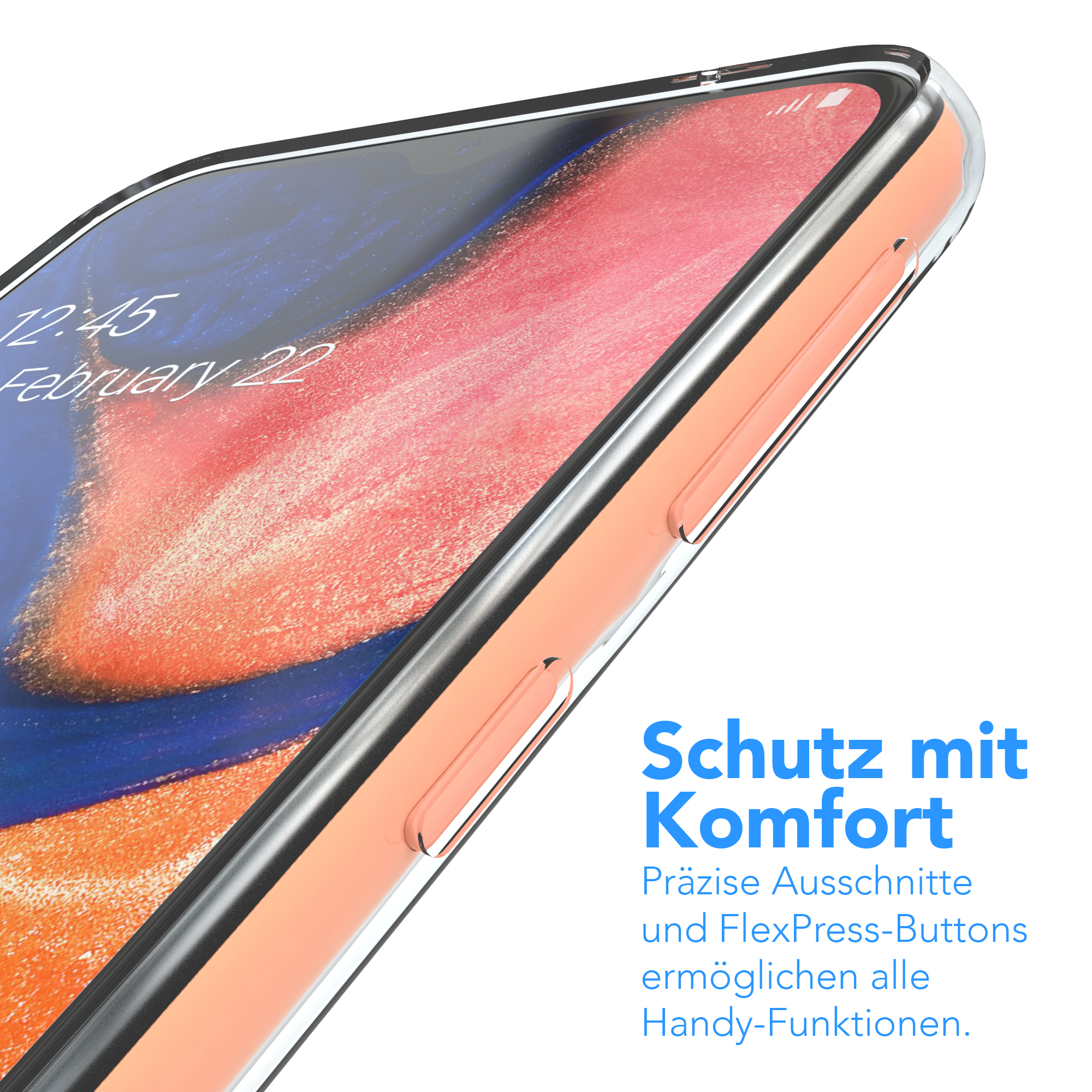 Nahaufnahme eines Telefons mit transparenter Hülle, das einen orangefarbenen Bildschirm und Tasten zeigt.