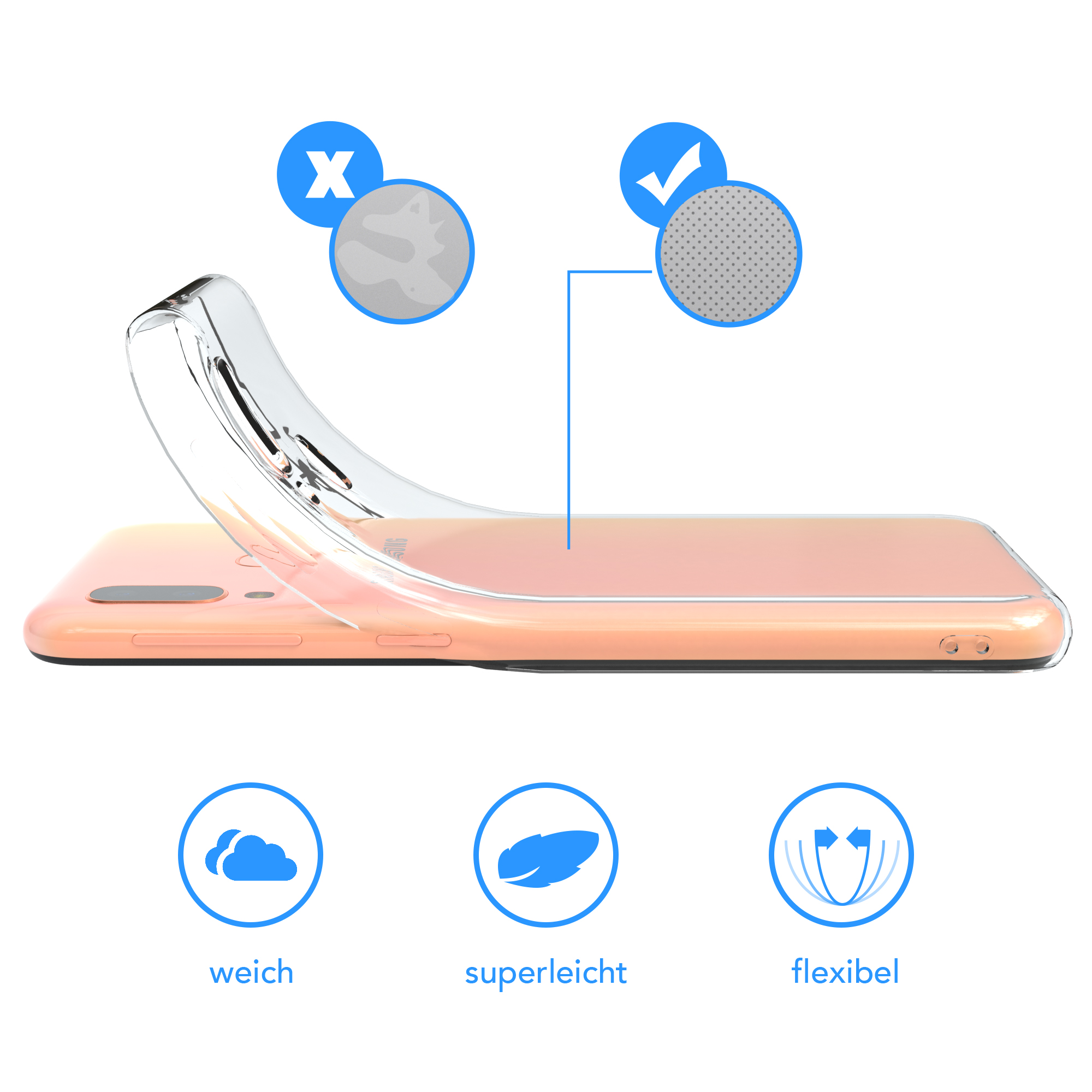 Eine Handyhülle mit einem Telefon darin und Symbolen für weich, superleicht und flexibel.
