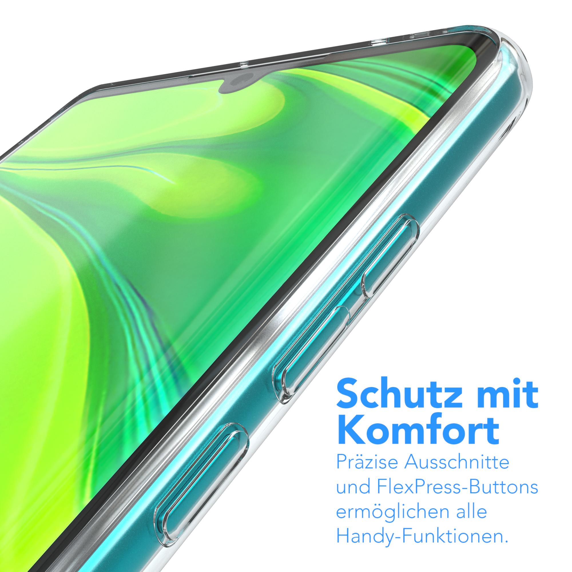 Nahaufnahme einer durchsichtigen Handyhülle auf einem türkisblauen Telefon. Text: Schutz mit Komfort.