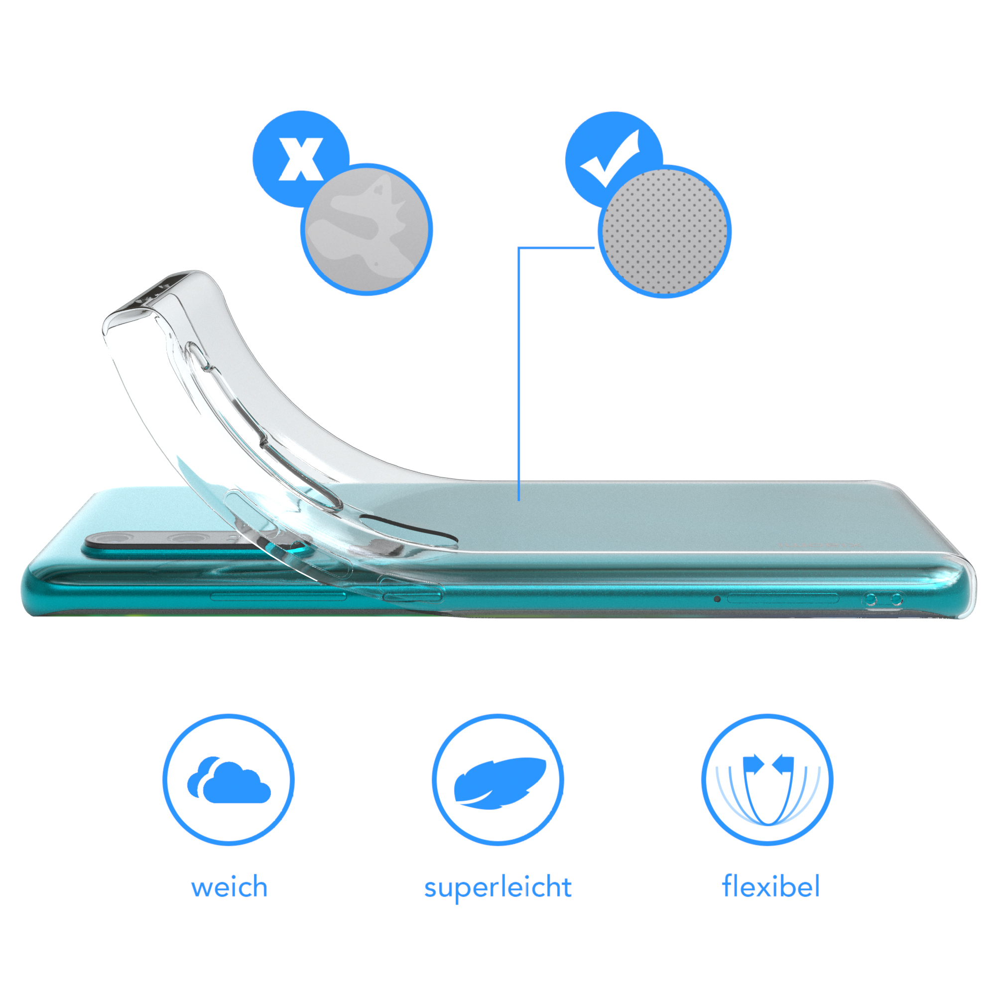 Handyhülle mit weichen, flexiblen Eigenschaften, Symbolen und einem Telefon.