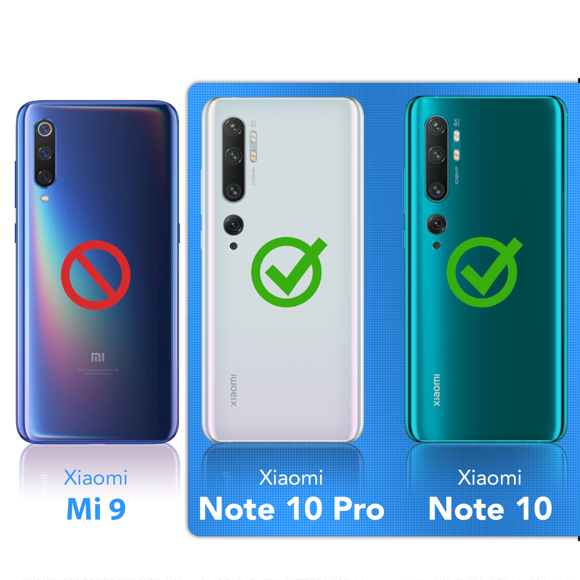 Rückseite von Xiaomi-Telefonen. Mi 9 hat ein rotes Kreuz, Note 10 Pro und Note 10 grüne Haken.