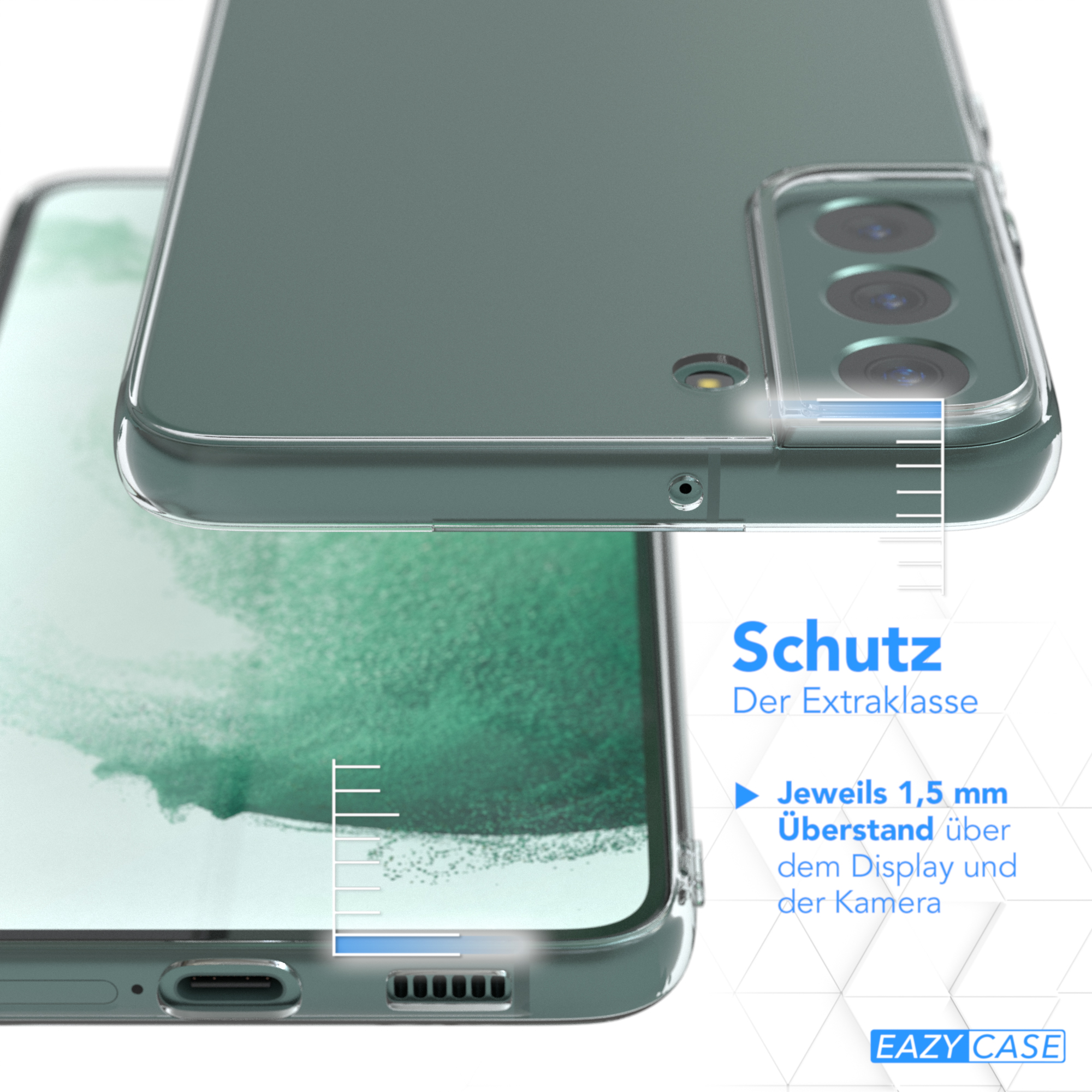 Eine Handyhülle mit einem Telefon darin, weißer Text, der Schutz und über dem Display anzeigt.