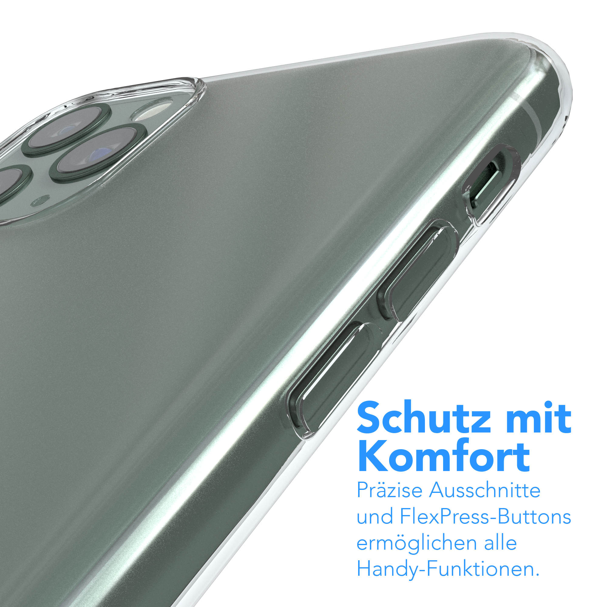 Transparente Handyhülle auf einem Telefon, zeigt Knöpfe und Kanten.