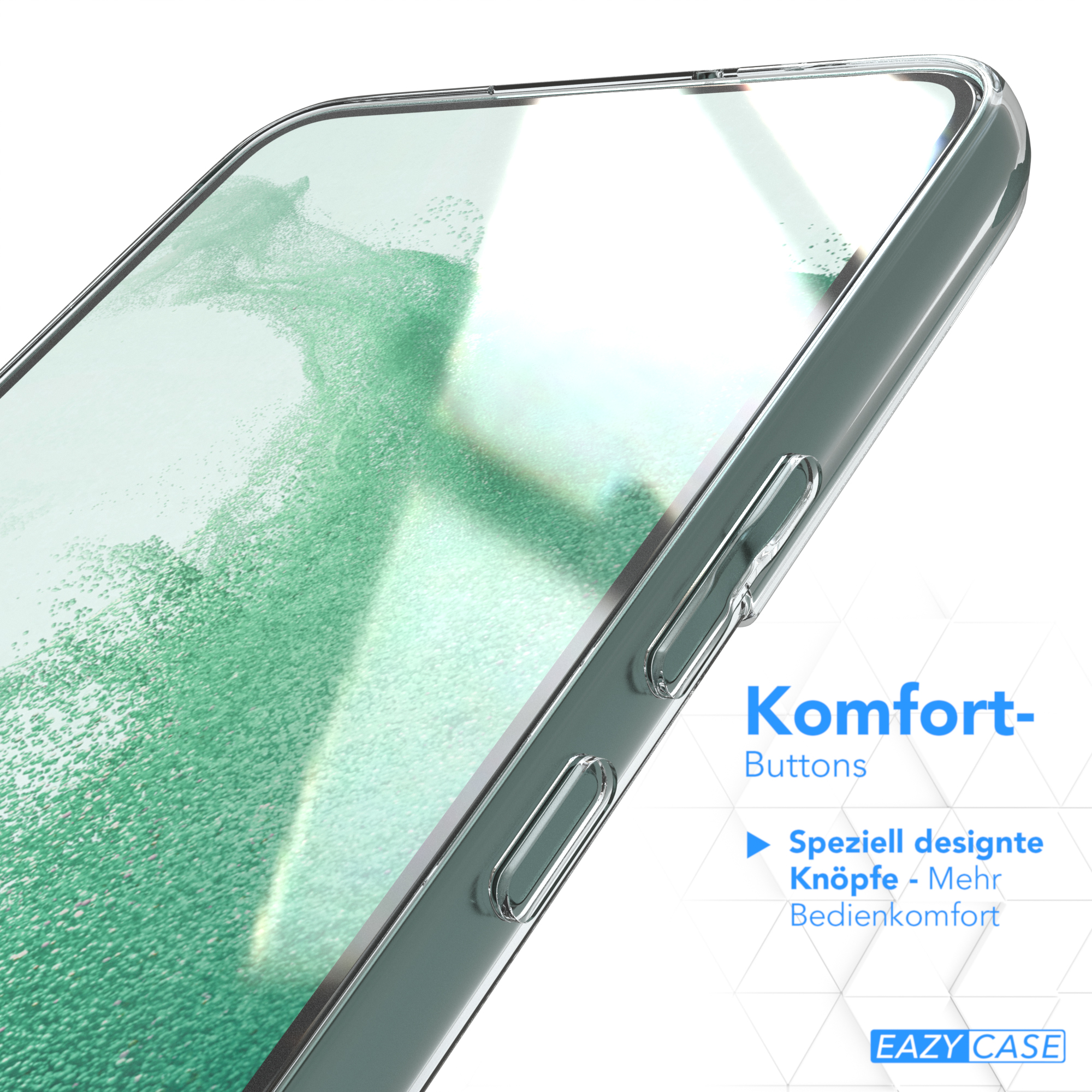 Eine Handyhülle mit einem Telefon darin. Text sagt "Komfort- Buttons" und "EAZY CASE".