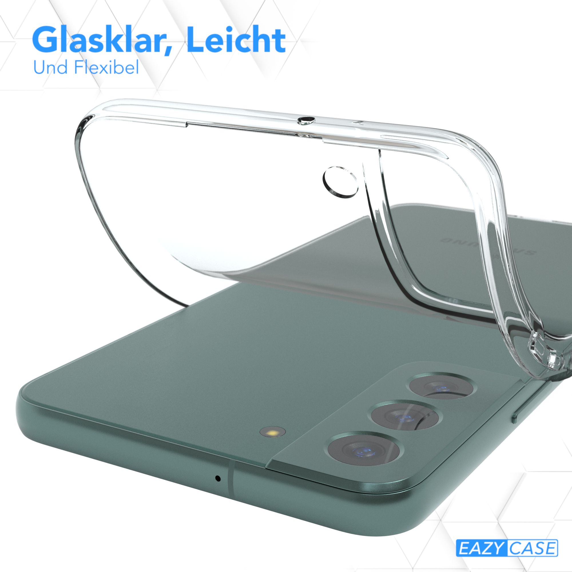 Eine transparente Handyhülle auf einem grünen Telefon mit dem Text 'Glasklar, Leicht Und Flexibel'.