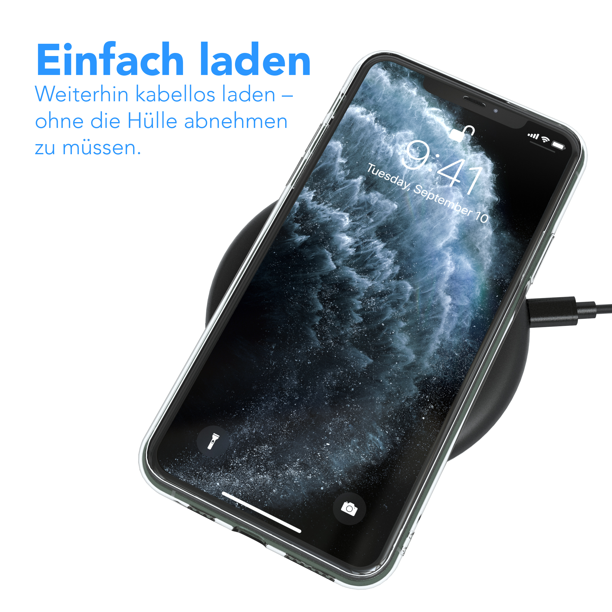 iPhone auf kabellosem Ladegerät, mit Hülle. Text auf Deutsch, der kabelloses Laden anzeigt.
