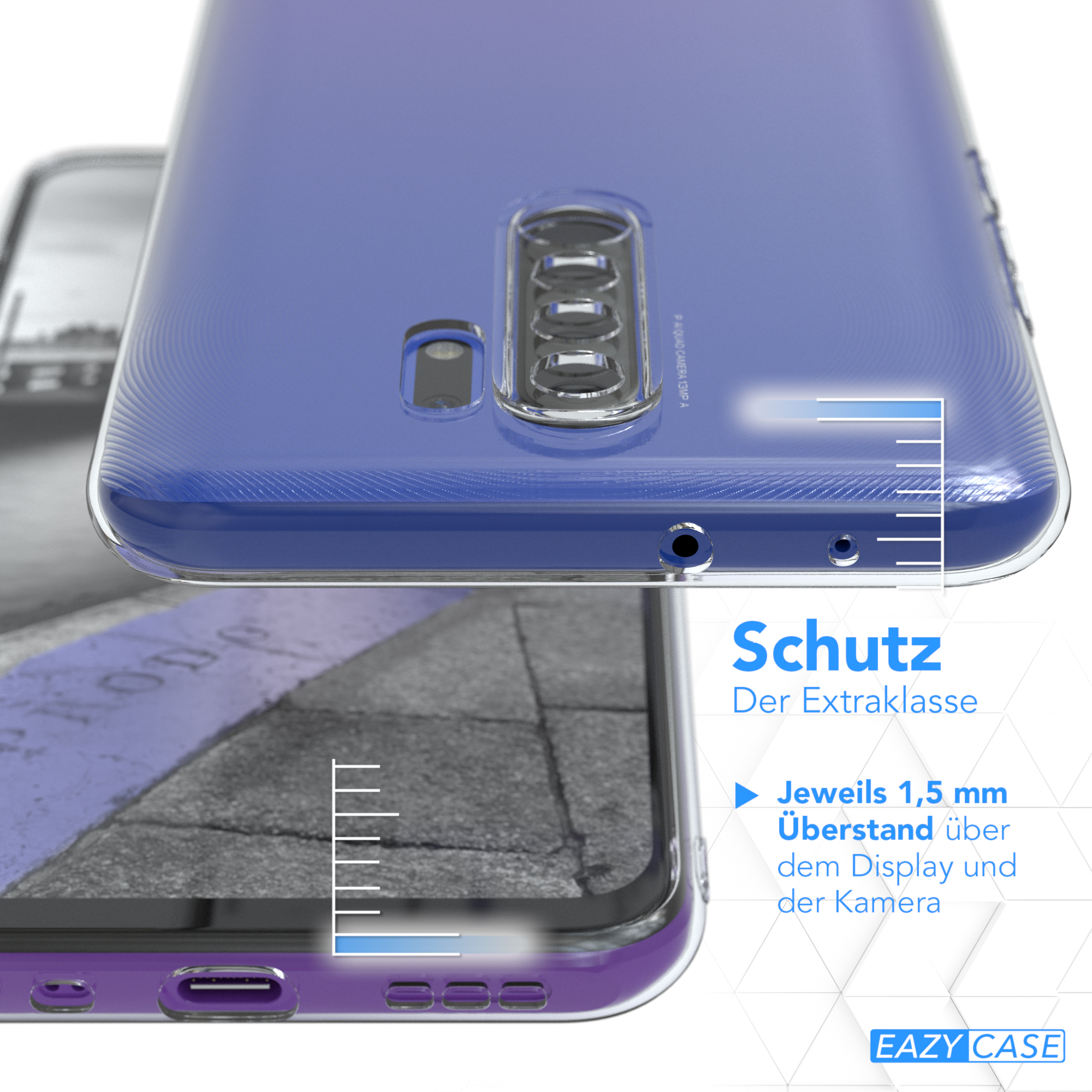 Handyhüllen über einem Telefon. Die Hüllen sind blau und lila. Text sagt Schutz Der Extraklasse.