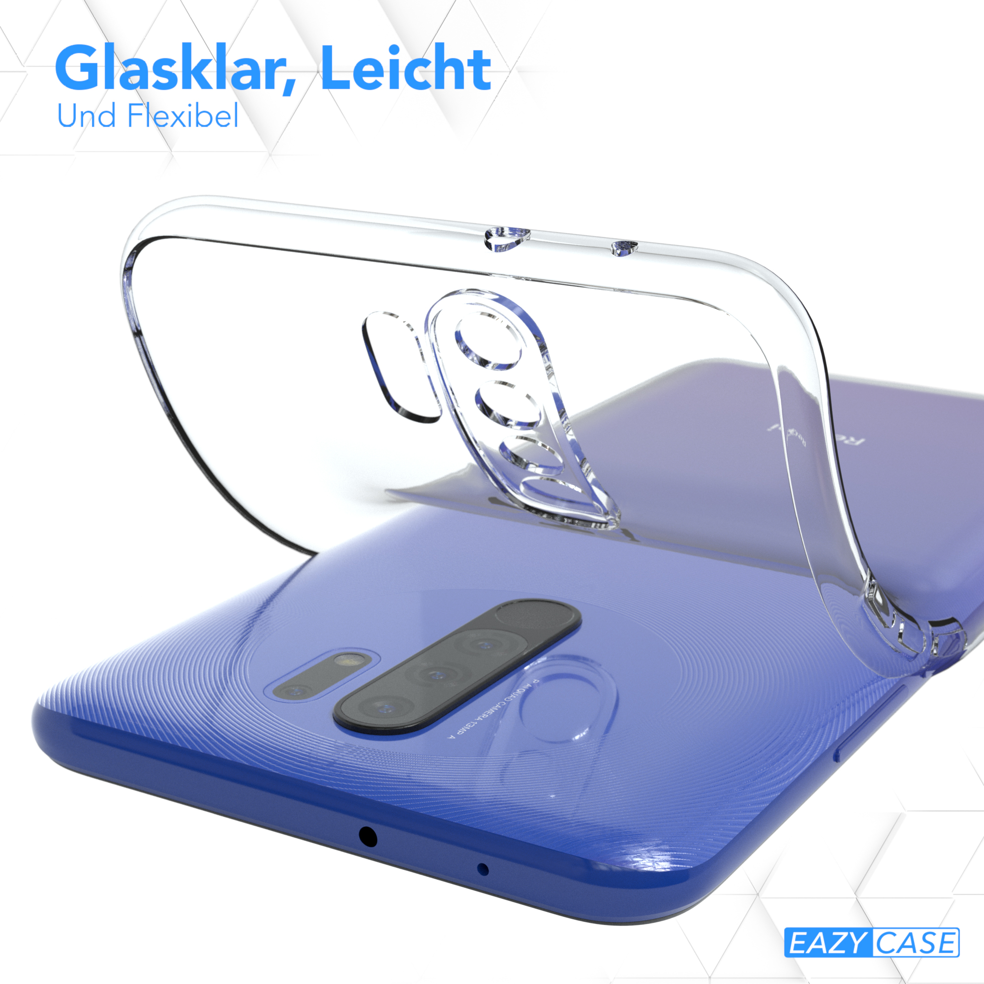 Blaues Telefon mit transparenter Hülle. Die Hülle ist über dem Telefon. Text sagt 'Glaslar, Leicht Und Flexibel'.