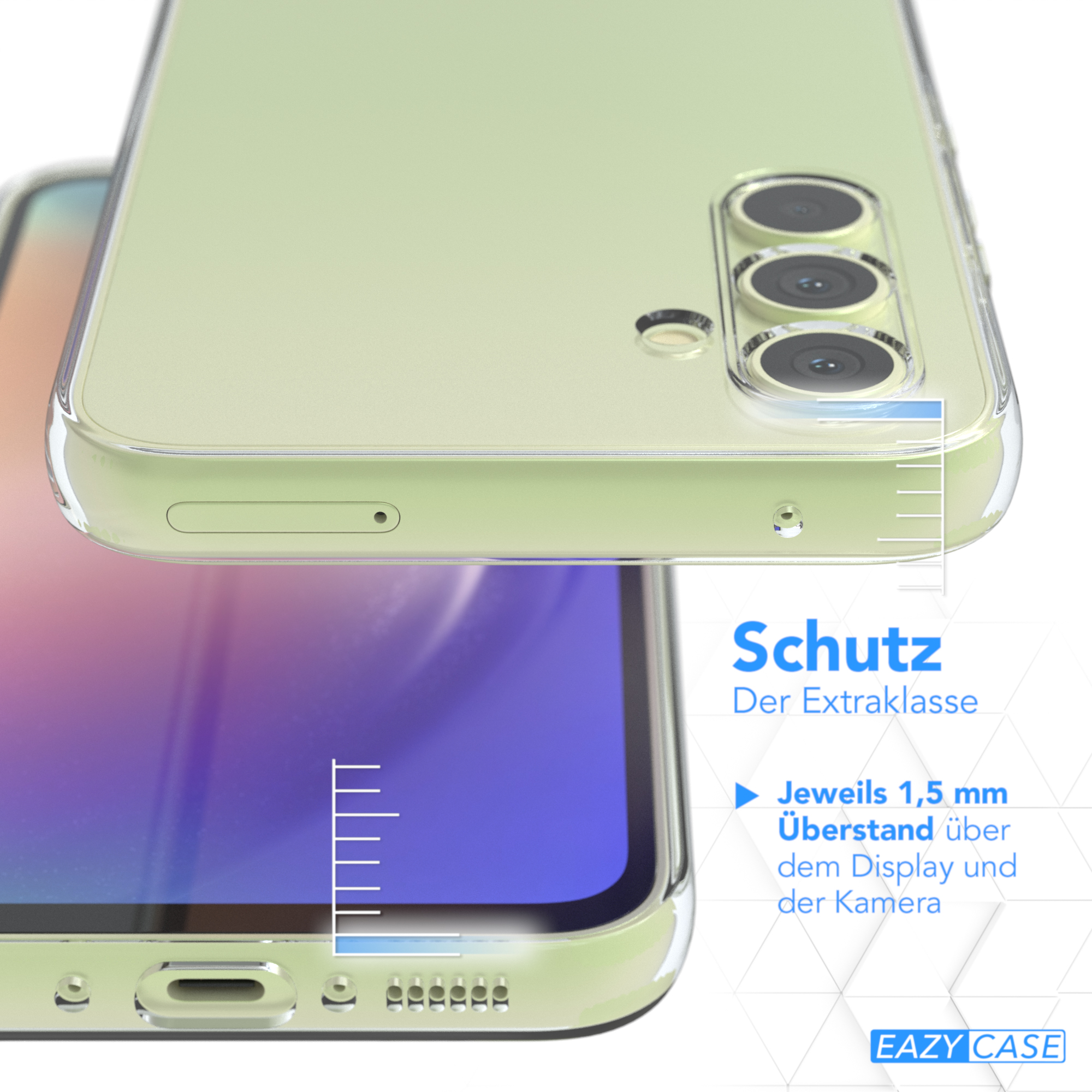 Eine transparente Handyhülle über einem Telefon, mit Details zu Display und Kamera.