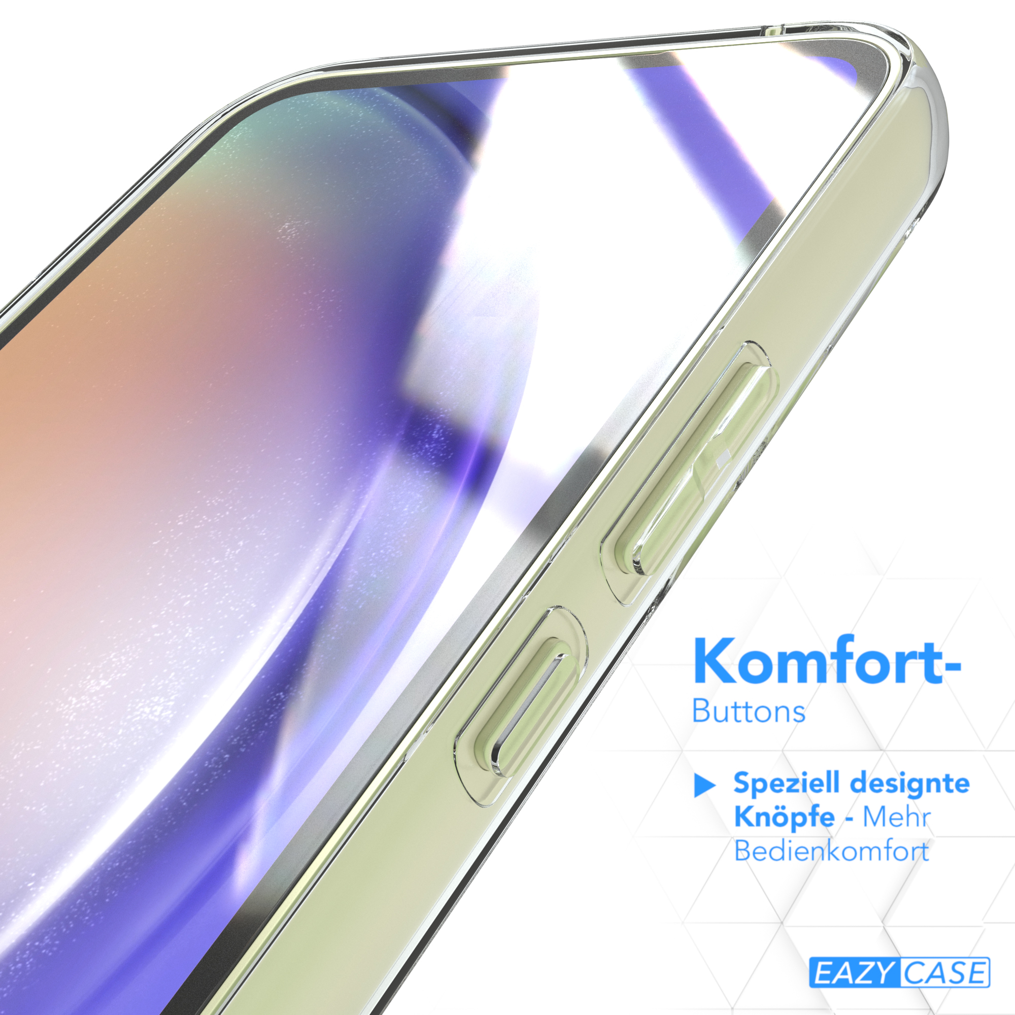 Eine transparente Handyhülle mit Seitentasten, Text in der Ecke und einem unscharfen Hintergrund.