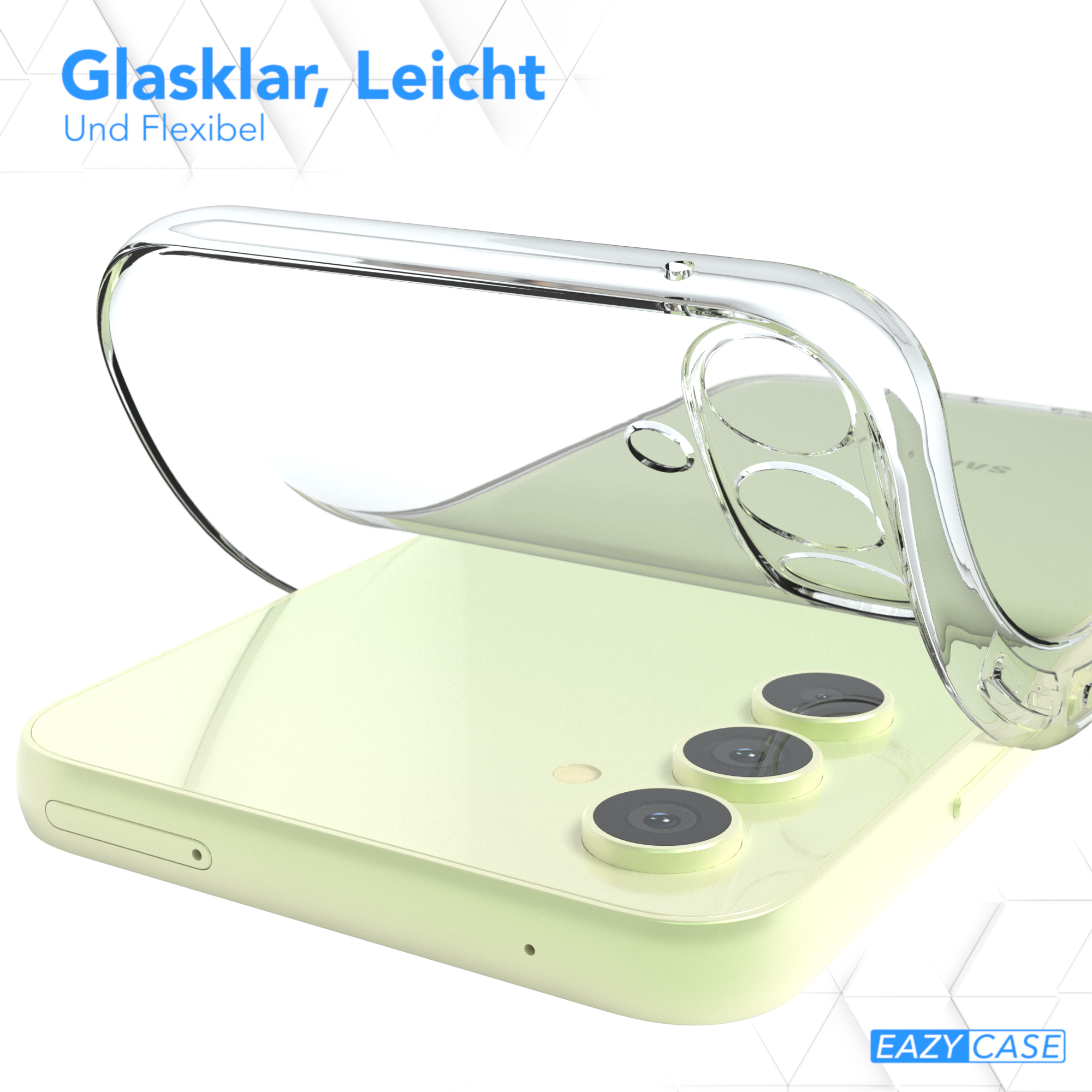 Transparente Handyhülle auf einem Telefon. Text: Glaslar, Leicht Und Flexibel.