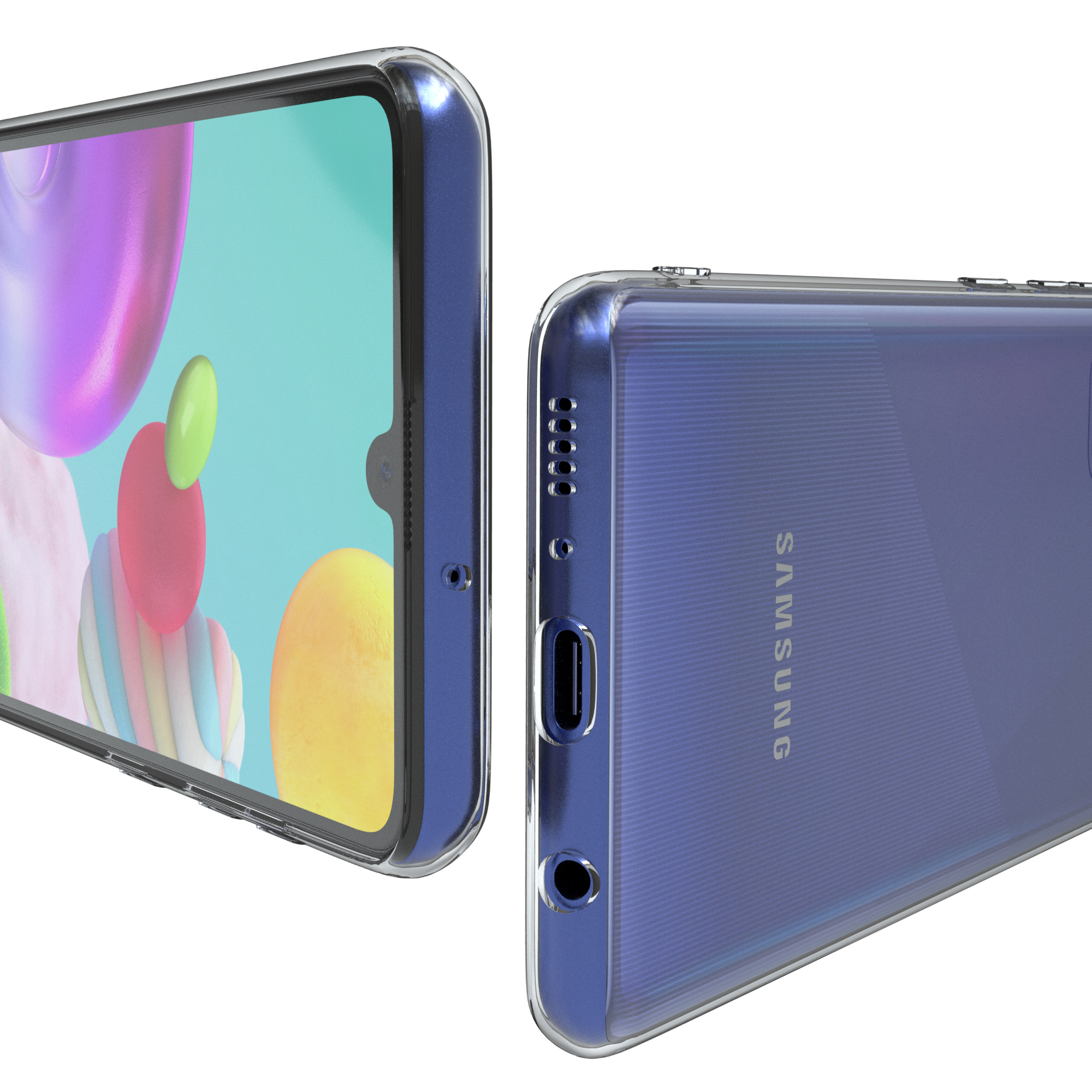 Telefon in klarer Hülle, zwei Ansichten. Telefon ist blau, mit klarer Hülle.
