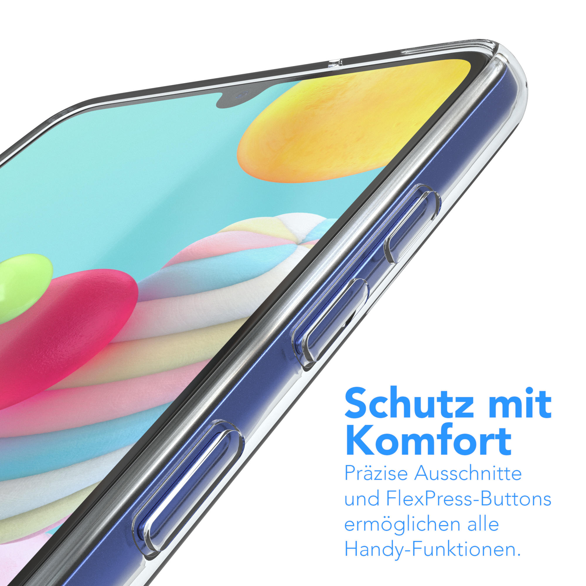 Nahaufnahme eines Telefons mit klarer Hülle. Knöpfe sind an der Seite sichtbar.