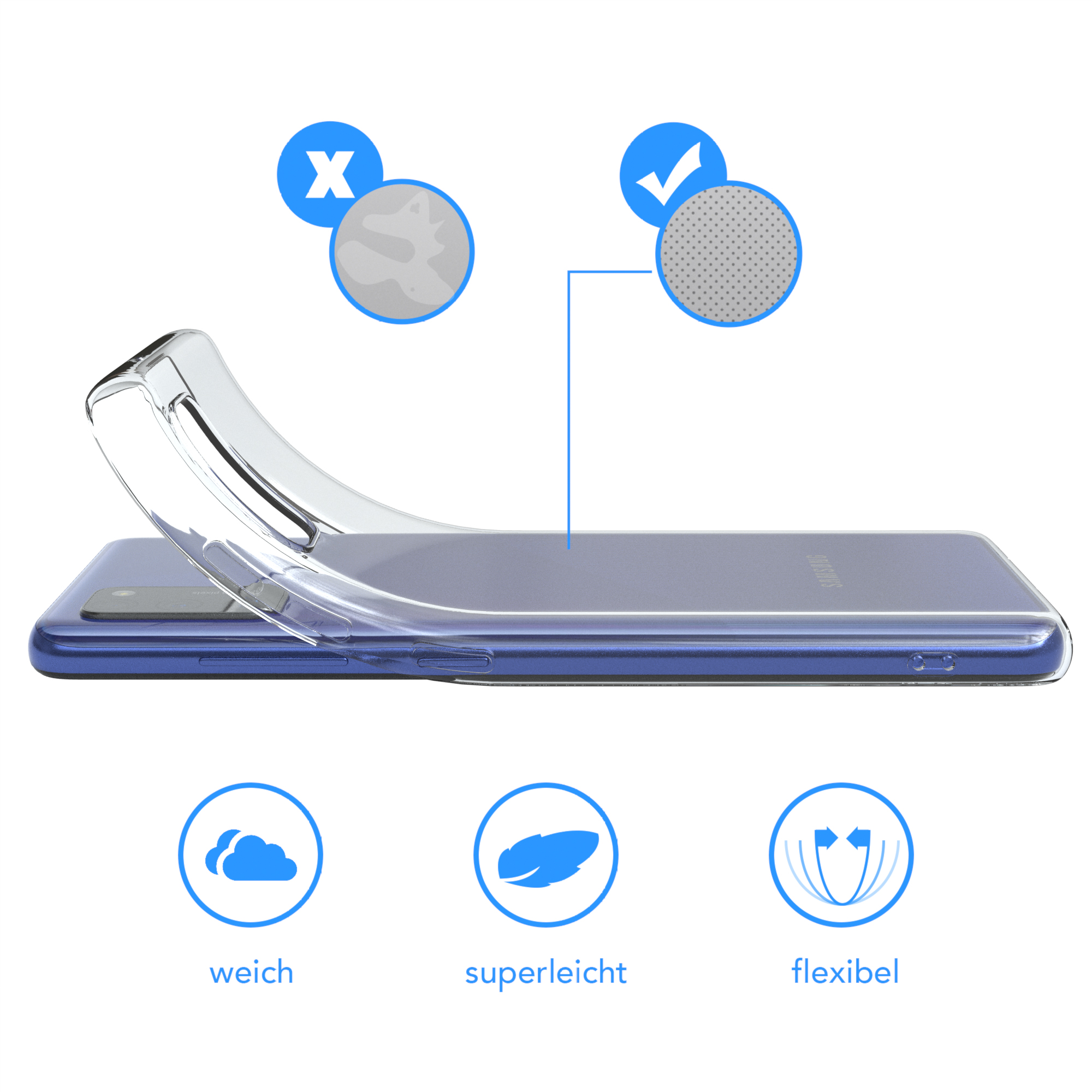 Eine transparente Handyhülle über einem blauen Telefon, mit Symbolen, die Schutzfunktionen zeigen.