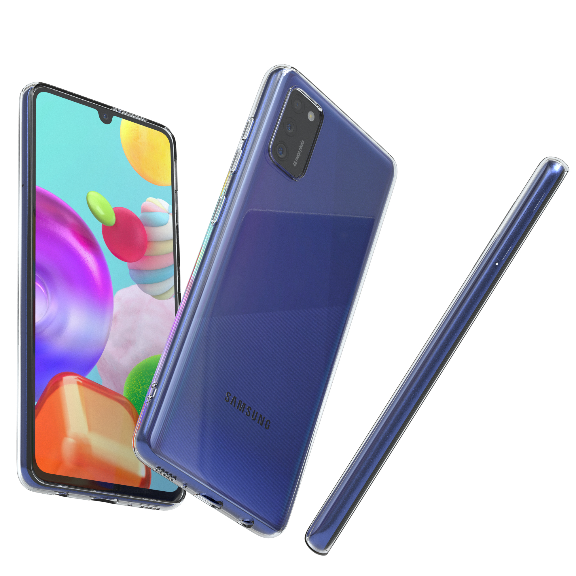 Drei Telefone mit transparenten Hüllen in Blau, die Vorder-, Seiten- und Rückansicht zeigen. Weißer Hintergrund.