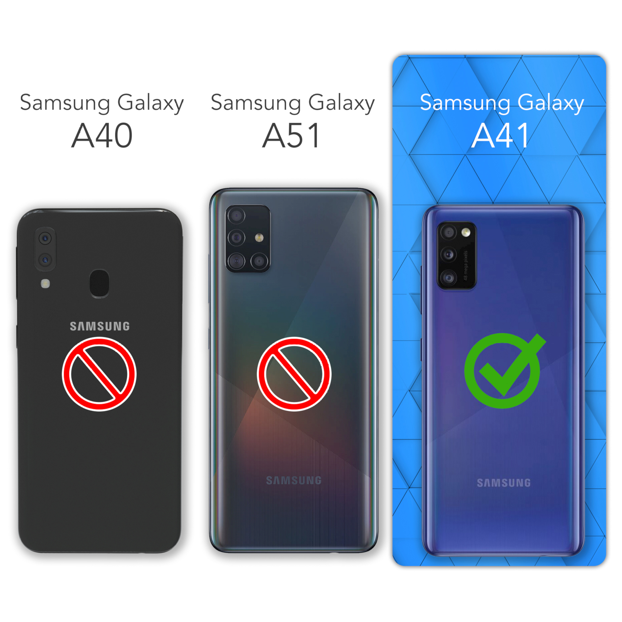 Drei Telefone: Samsung Galaxy A40 (X), A51 (X) und A41 (Haken), auf blauem Hintergrund.