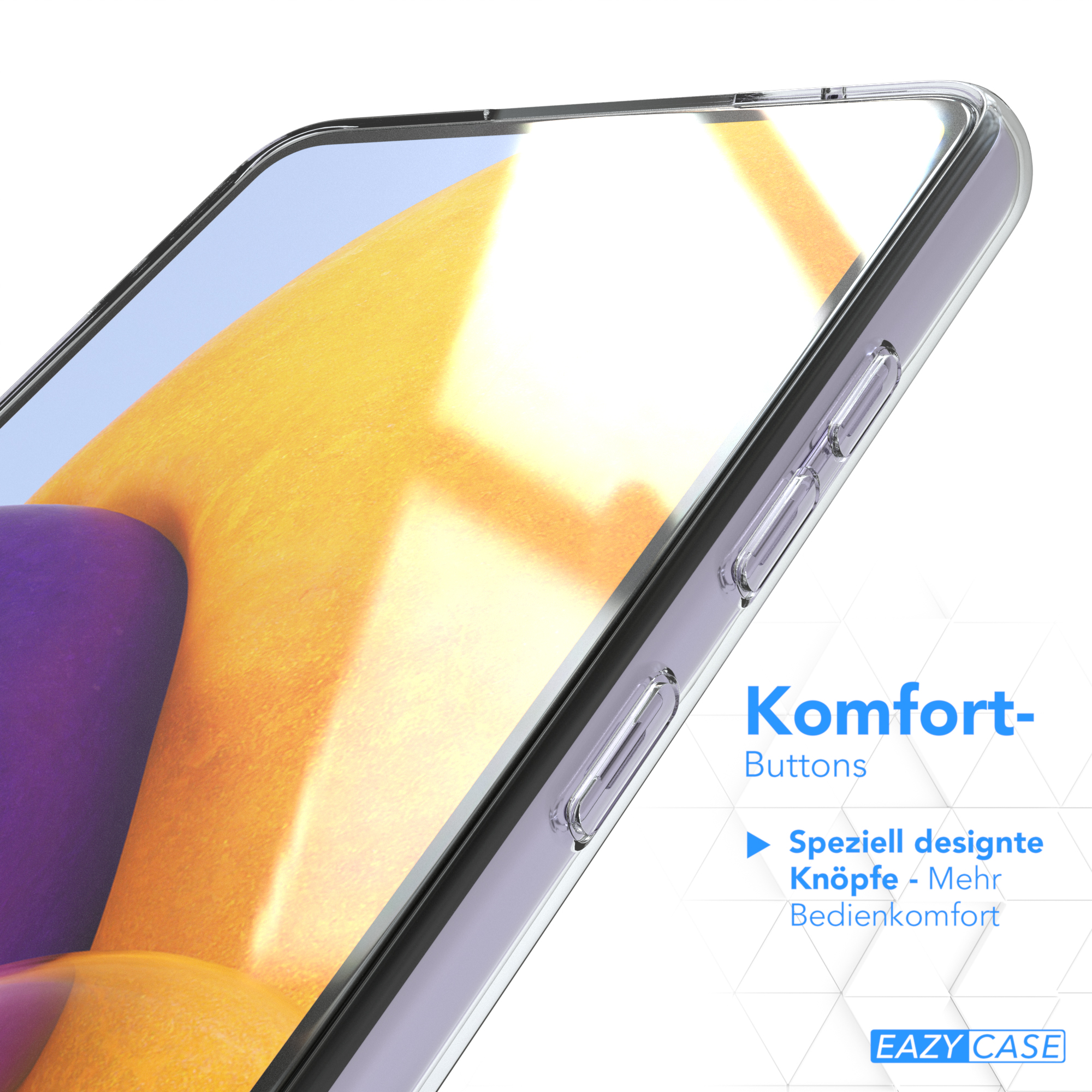 Nahaufnahme der Seite eines Telefons mit Knöpfen. Text: Komfort- Buttons und Eazy Case Logo.