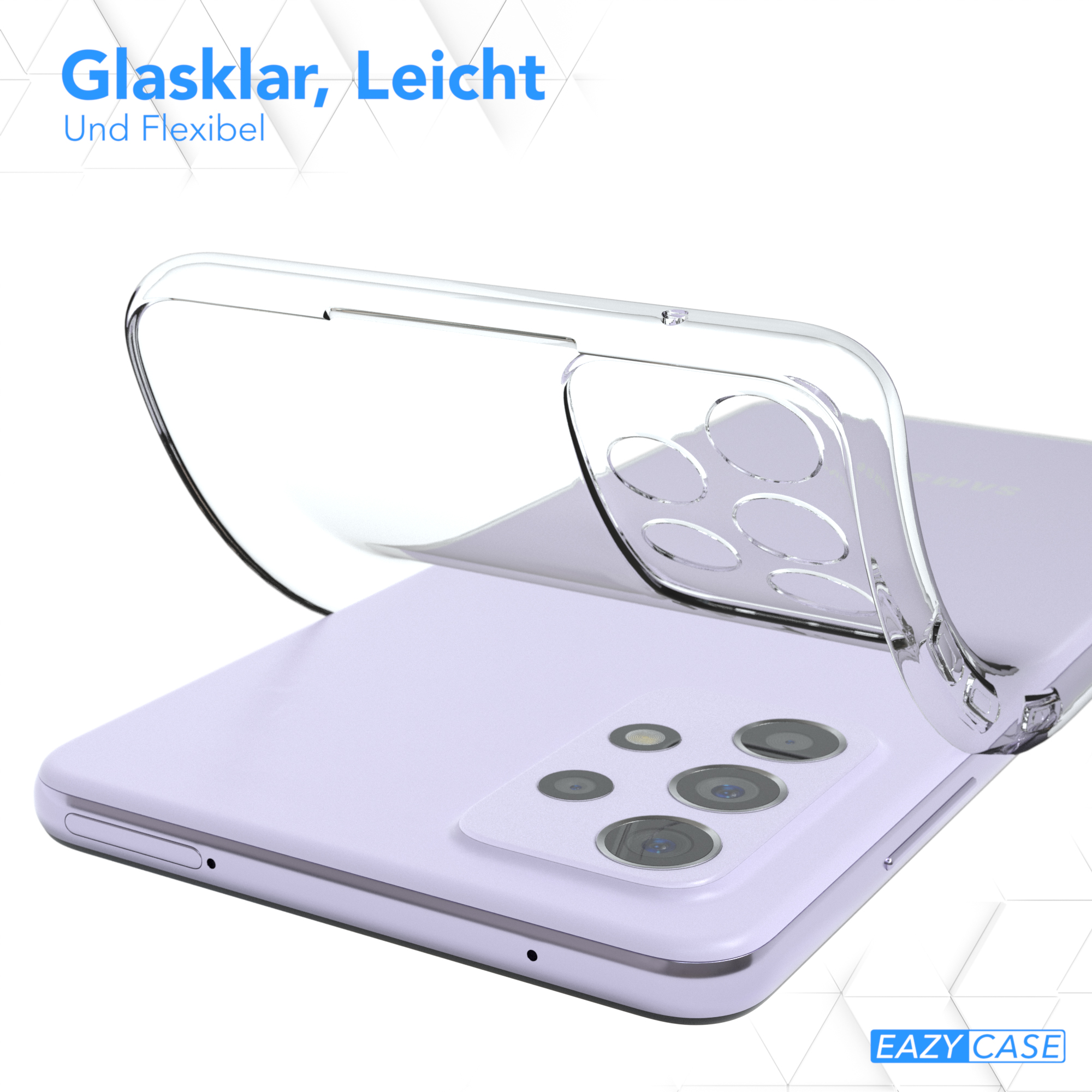 Transparente Handyhülle über einem lila Telefon, Flexibilität und Klarheit betonend, auf Weiß.