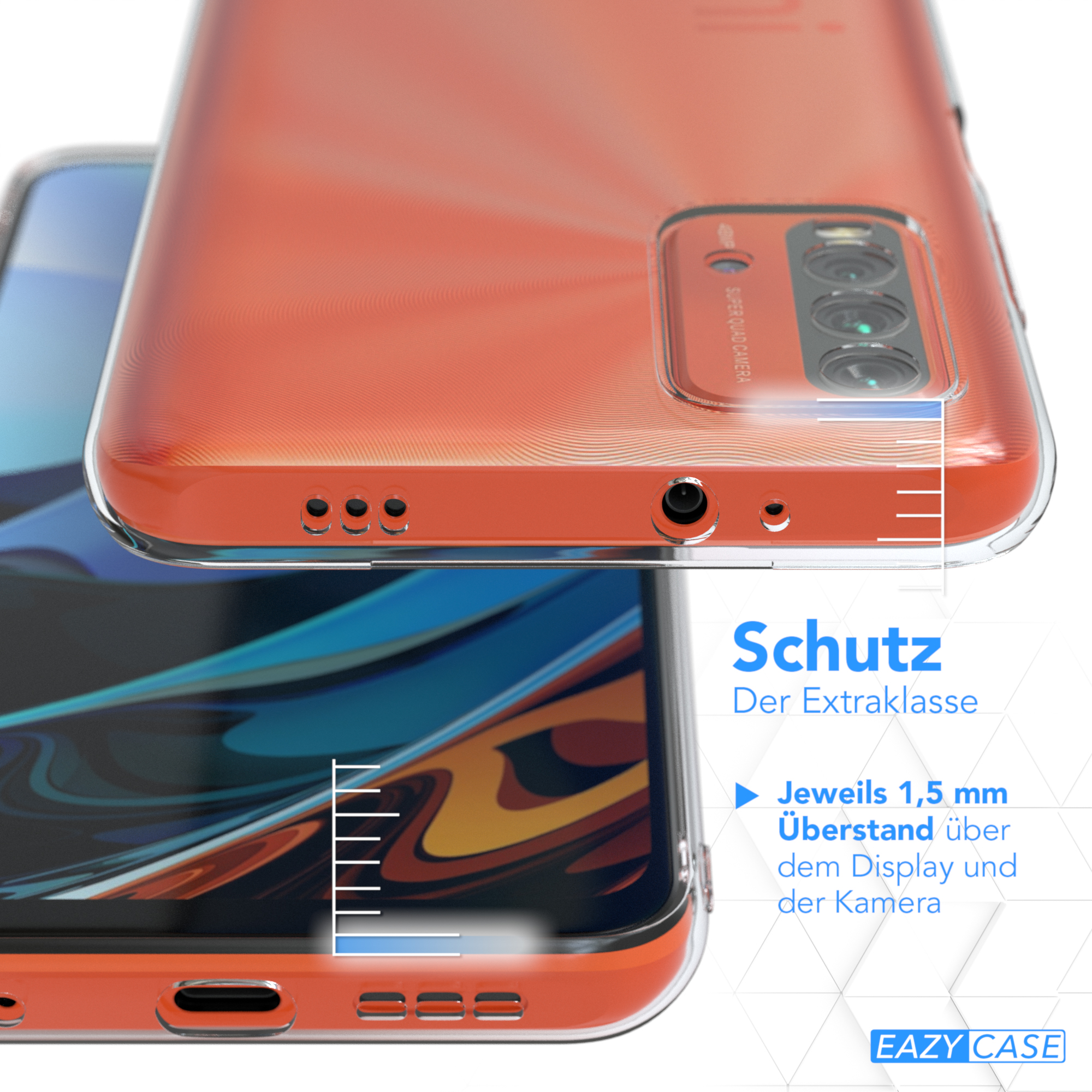 Zwei orangefarbene Handyhüllen übereinander mit Text und Maßen. Weißer Hintergrund.