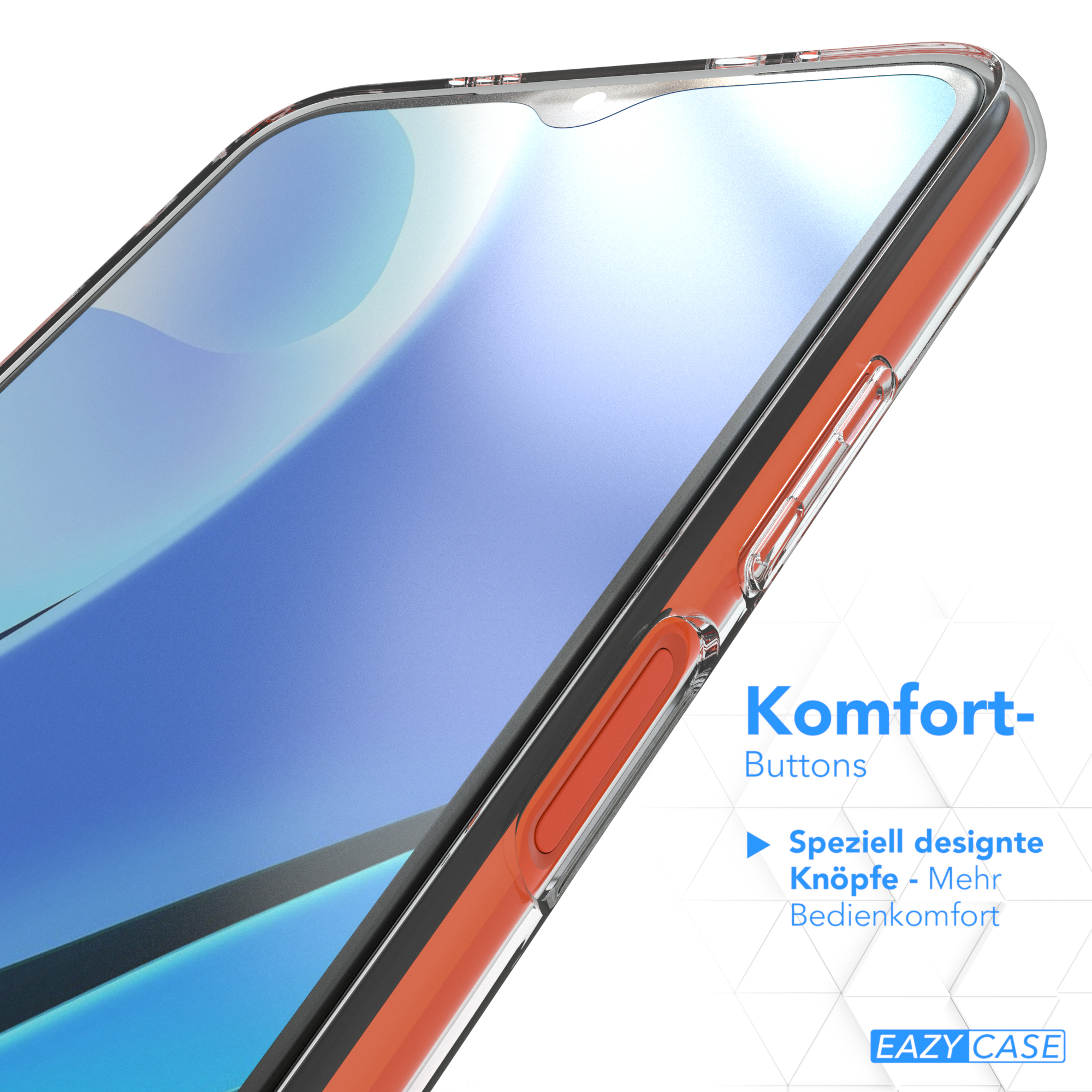 Nahaufnahme einer Smartphone-Hülle. Text: Komfort-Buttons, EAZY CASE. Transparente Hülle mit orangenen Seiten.