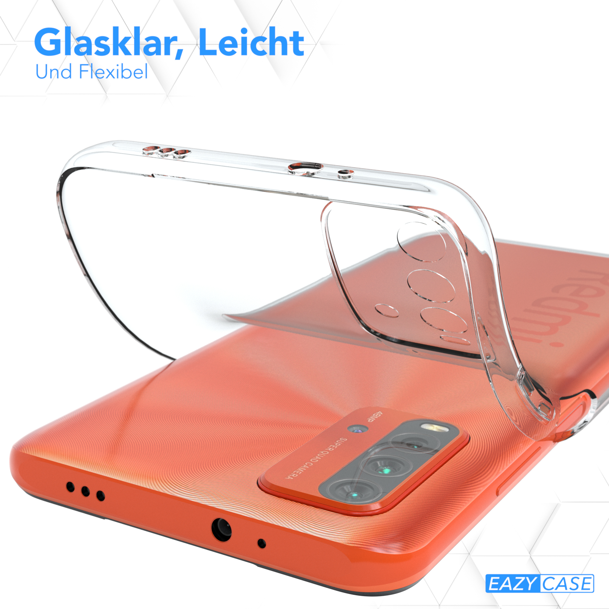 Eine transparente Handyhülle auf einem orangefarbenen Telefon mit Text darüber: glasklar, leicht und flexibel.